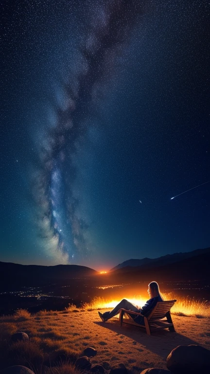 A person sleeping, in a beautiful spectacular amazing place, starry sky night, relaxing