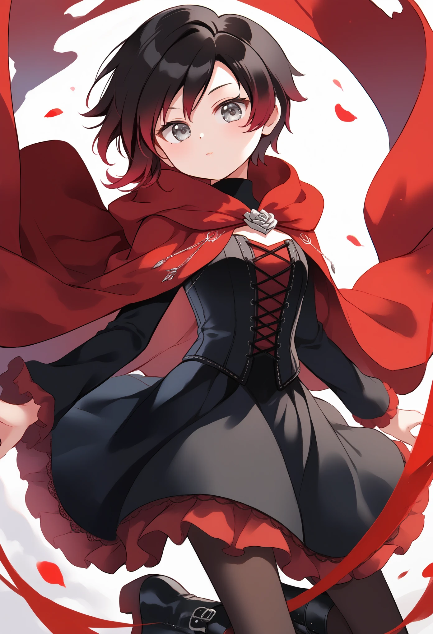 score_9, score_8_up, score_7_up, source_anime, BREAK
1girl, solo,  round head, round face,, Ruby Rose \(Rwby\), black hair, red hair, gradient hair, silver eyes, short hair, black dress, red frills, red cloak, pantyhose, black pantyhose, black boots, long sleeves, red trim, corset, black corset, turtleneck