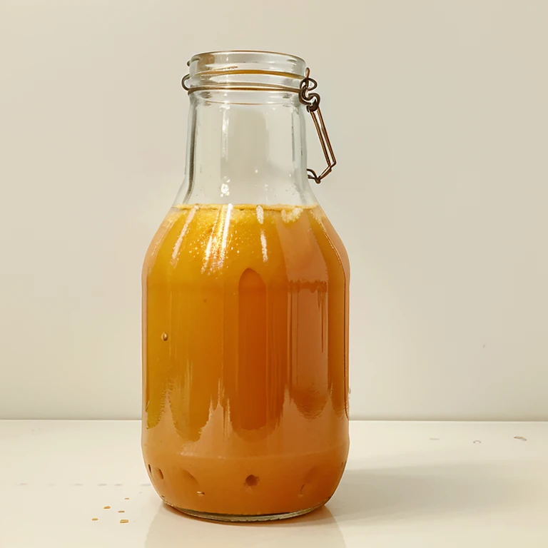 Thick liquid Orange squash in simple glass bottle with white wall background