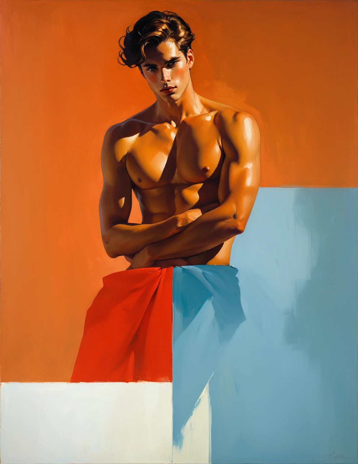 chiaroscuro technique on sensual illustration of an arafed man in white, sexy masculine, male model, by Malcom Liepke, model with attractive body, inspired by Ludovit Fulla, mid-shot of a hunky, the model draped in flowing, thick oil painting by Harumi Hironaka, extremely soft colors, vibrant, highly detailed, malcolm liepke painting, oil on canvas, high contrast, dramatic, refined, tonal, Create high contrast between light and shadow, oil on linen
