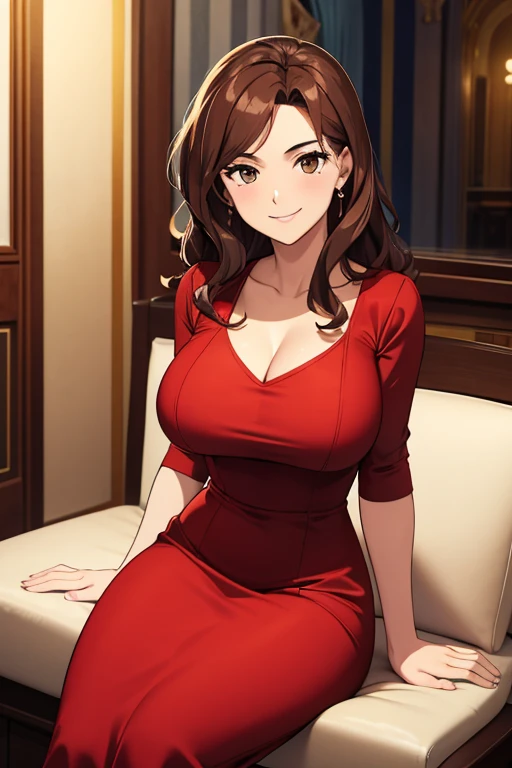 Italian girl, 25 years old, wavy brown hair, elegant low-cut red dress, busty, sitting, smiling,