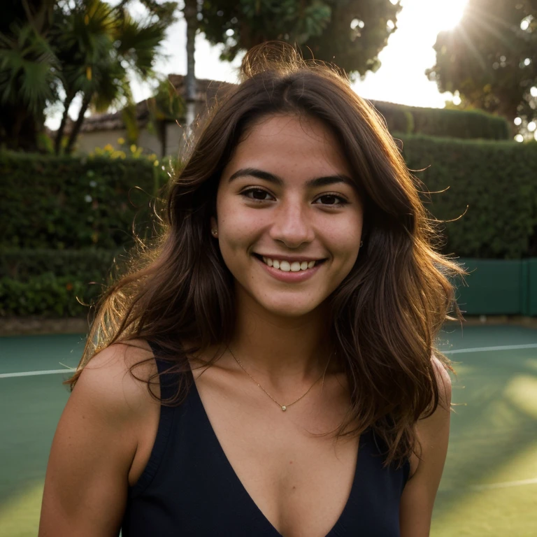une femme mexicaine, jouant au tennis, Photo brute, digital SLR, (profondeur de champ), cheveux traditionnels, pose ludique, 25 ans, Souriant, un temps superbement ensoleillé, Soft lighting,