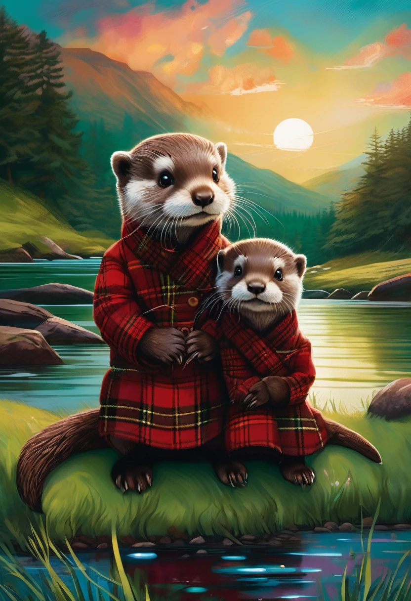 An Otter, Imagine a charming scene featuring a baby otter and a baby girl otter, both wearing Scottish plaid. The baby otter is adorned in a small, traditional kilt with a tartan pattern, matching a tiny sash draped over the baby girl otter's shoulder, which complements her cute, fluffy appearance. They are sitting together on a lush, green meadow by a serene riverbank, surrounded by Scotland's picturesque landscape. The sun is setting, casting a golden glow over the scene, highlighting the vibrant colors of their plaid and the natural beauty around them. This image captures a moment of pure innocence and joy, as the otters play and explore their surroundings, embodying the spirit of Scottish heritage with a whimsical twist.