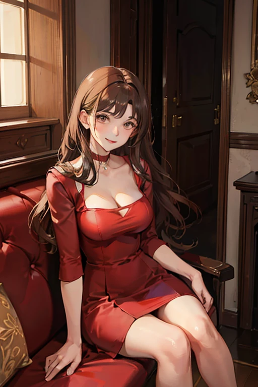Italian girl, 25 years old, wavy brown hair, elegant low-cut red dress, busty, sitting, smiling,