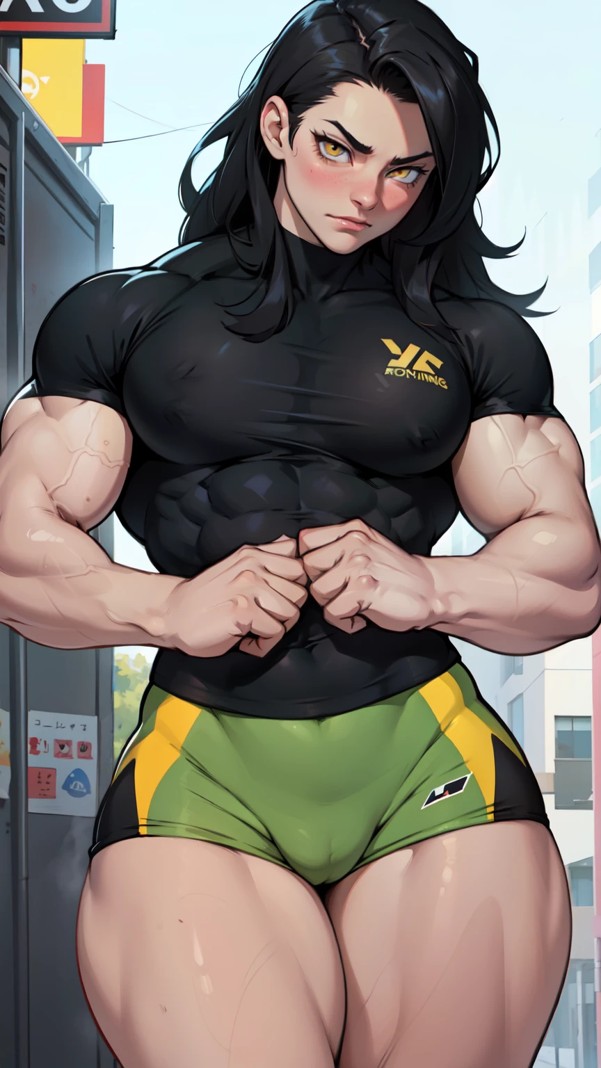 ((1girl)) pale skin (large breasts) (muscular) toned body thick thighs black hair yellow eyes (long hair) bodybuilder tight shirt blushing (seductive expression)
