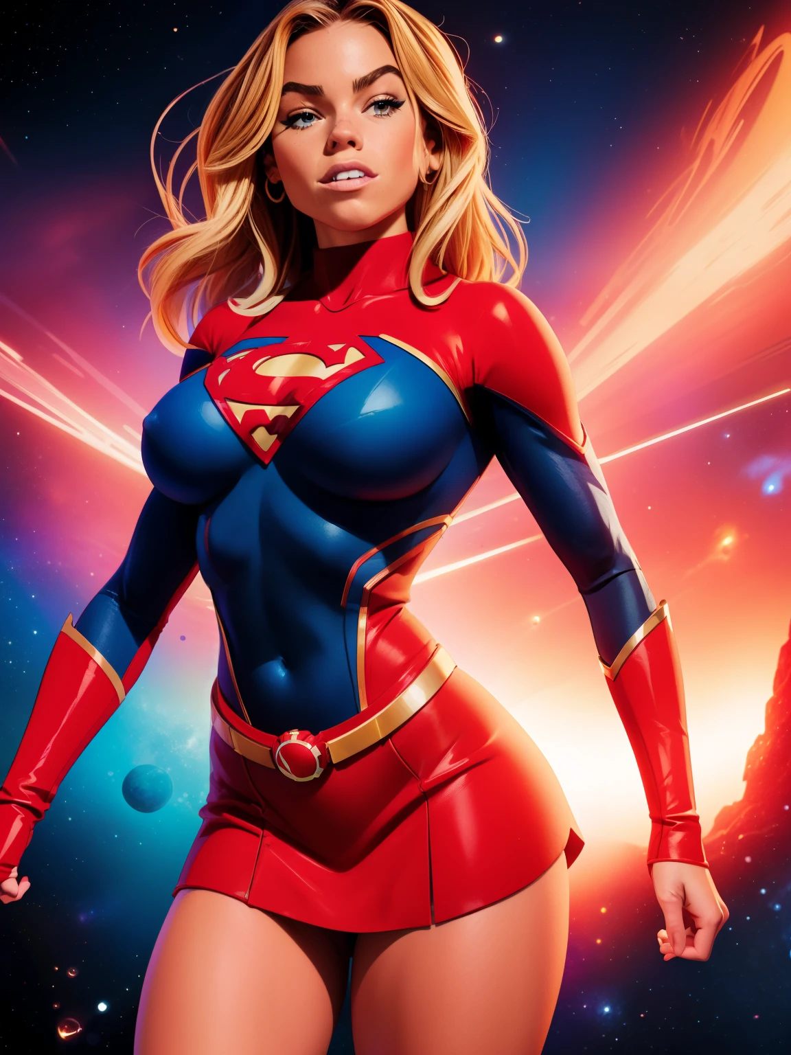 (((COMIC STYLE, CARTOON ART))). ((1 girl)), lonly, solo, A comic-style image of Supergirl a Hot hero Girl, with her as the central figure. She wears a traditional Supergirl blue and red outfit, red little skirt, (((Nicole Mejia face))) . ((Hot slim body, little tits)). (((Cinematic cosmic space background))) . She has a strong and courageous expression, as if she is ready to fight evil.
INFO
