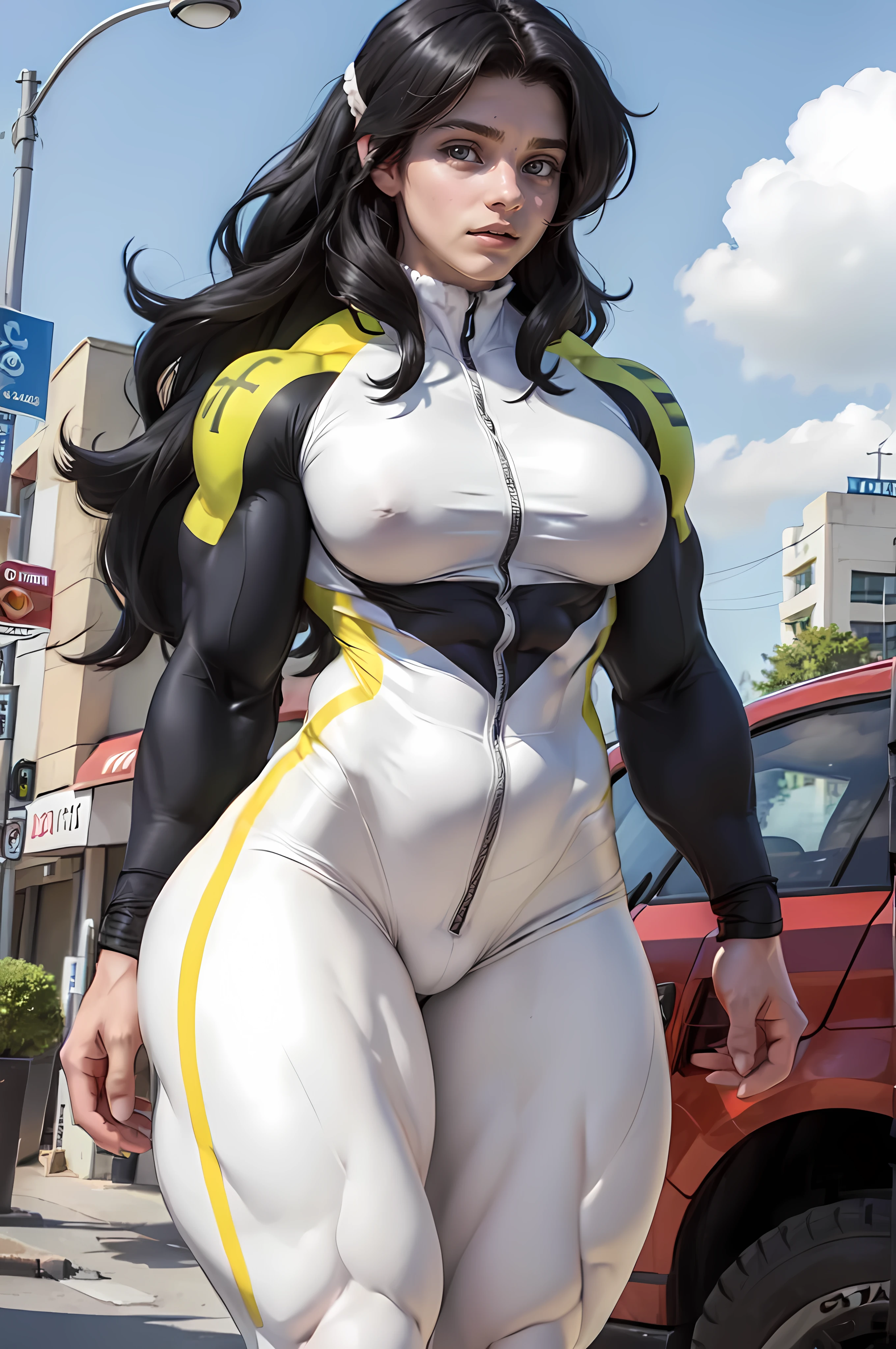 ((((((muscular 1 girl)))))), large breasts, toned body, black hair, pale skin, yellow eyes, very long hair bodysuit