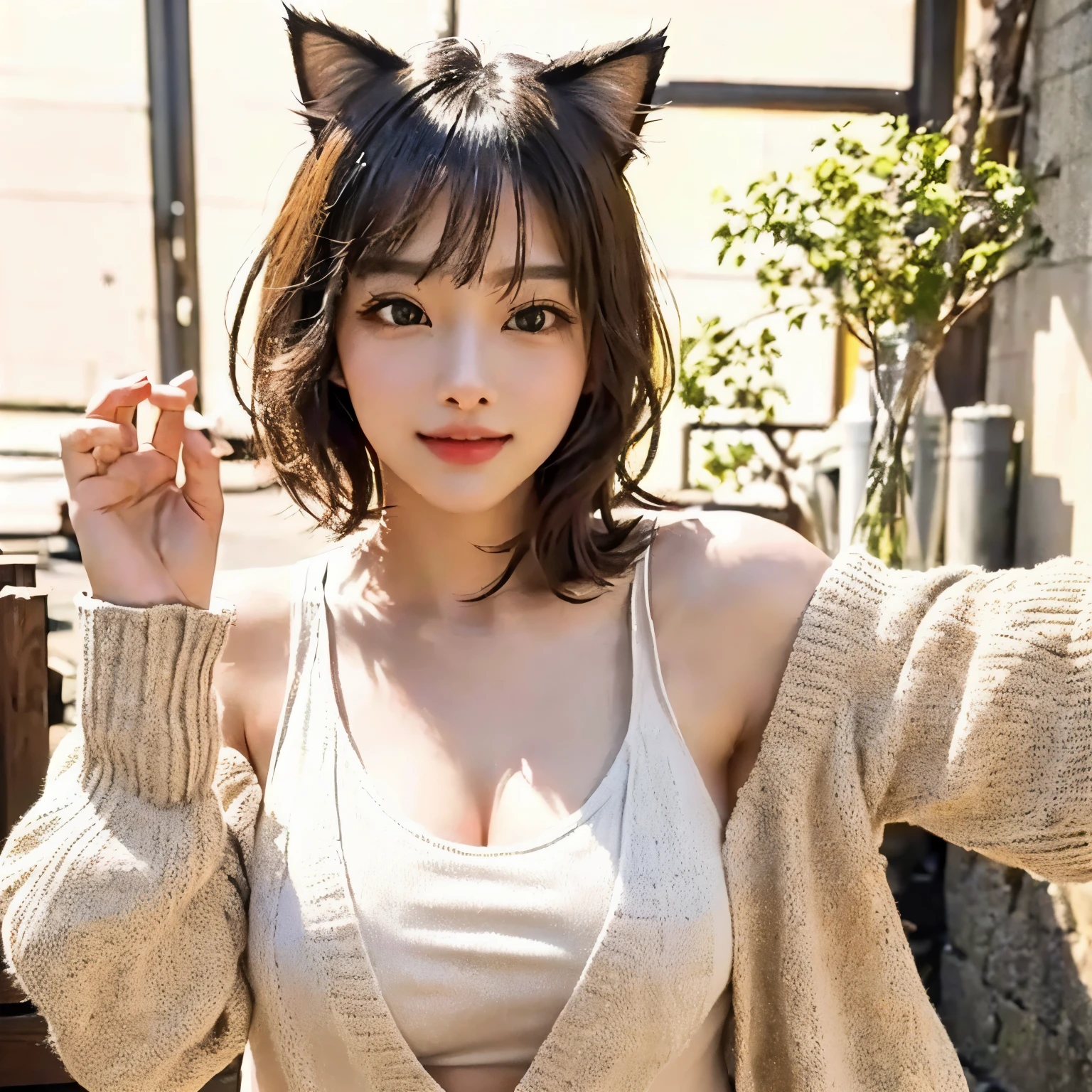 {{{masterpiece}}}, (masterpiece, best quality),1 cat girl,heart shaped hands, Hands making a heart shape with fingers, {Very delicate and beautiful}, (alone:1.5), (highest quality:1.2), (Ultra-high resolution, Realistic, RAW Photos:1.4), Cool Cowgirl, blouse, Decorated hooded armor jacket, Cross Belt, mini skirt, Red Leather Long Boots, Absurd, RAW Photos, Very delicate and beautiful, masterpiece, highest quality, Ultra-high resolution, 32k, Surreal, Super detailed, Detailed Description, 20-year-old, Short Medium Hair, Wavy Hair, Full Body Shot,8k, Cinema Lighting, Beautiful lighting, professional、8K, The best masterpiece, thank you pose, She is wearing a light grey summer cardigan., Put your hands together in front of your chest in prayer pose, Pose for a request, Attractive cat girl in a white tank top, Very beautiful cute cat girl, Beautiful young cat girl, Real life anime cat girl, Beautiful Asian Cat Girl, Japanese Model, Realistic young gravure idol, Beautiful Japanese girl face, Beautiful Korean Women, Cat-eared girl, Beautiful young Korean woman, Realistic cat ears, Short Hair, smile, Roundhouse kick, Fighting Style,