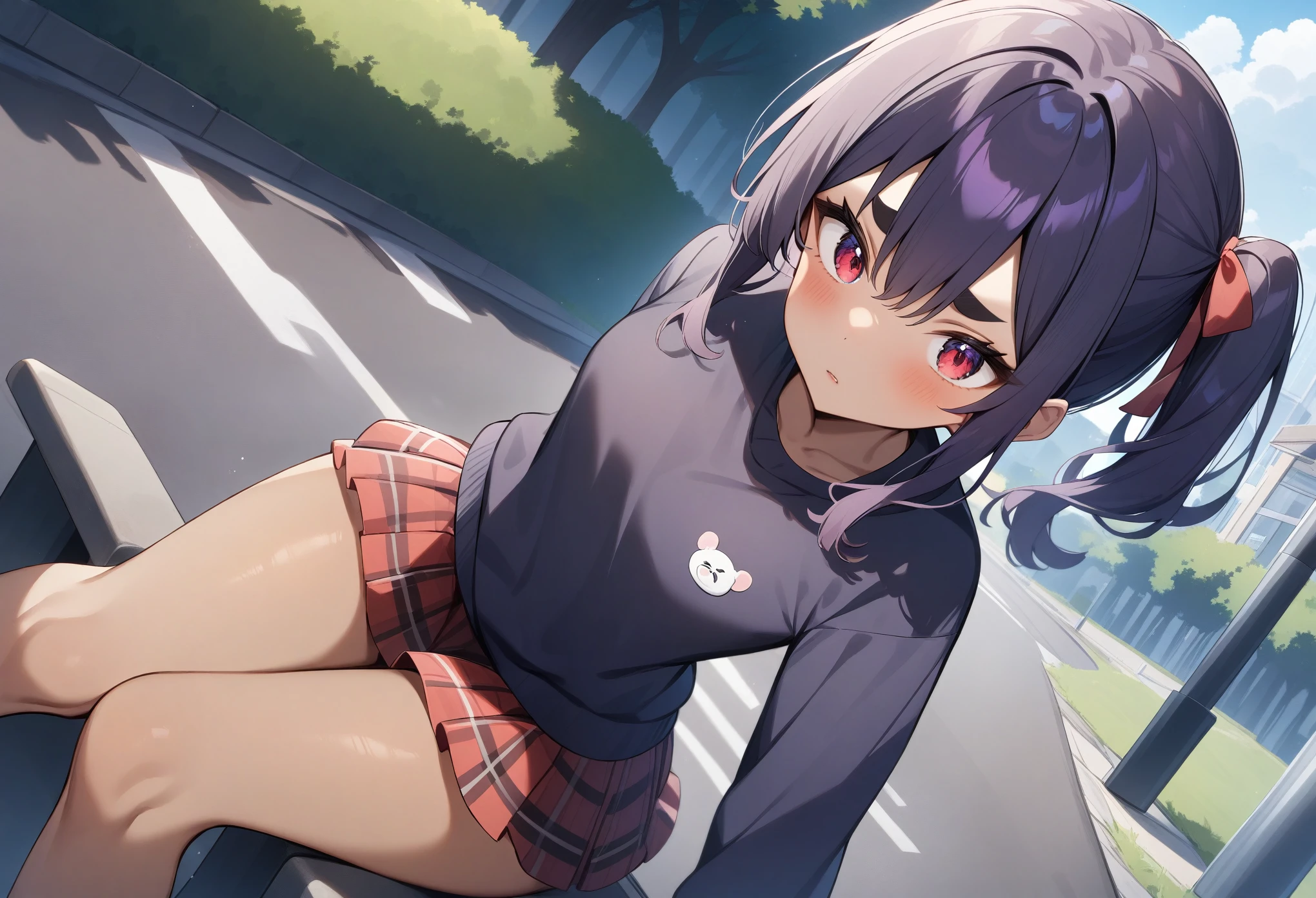 masterpiece, best quality, extremely detailed,dutch angle, anime,oversized school sweater、tartan check Skirt,tanned skin,**** ,dark skin tiny body,small breast,baby face,hand between legs,BREAK,multicolored dark Purple hair,side ponytail,short hair with long locks,BREAK,red eyes,thick eyebrow,expressionless,detailed lips,False eyelashes,BREAK,cotton red ribbon,BREAK,BREAK,microskirt,break,head tilt,upturned eyes,bus stops Scenery,wait for the bus,sitting,
