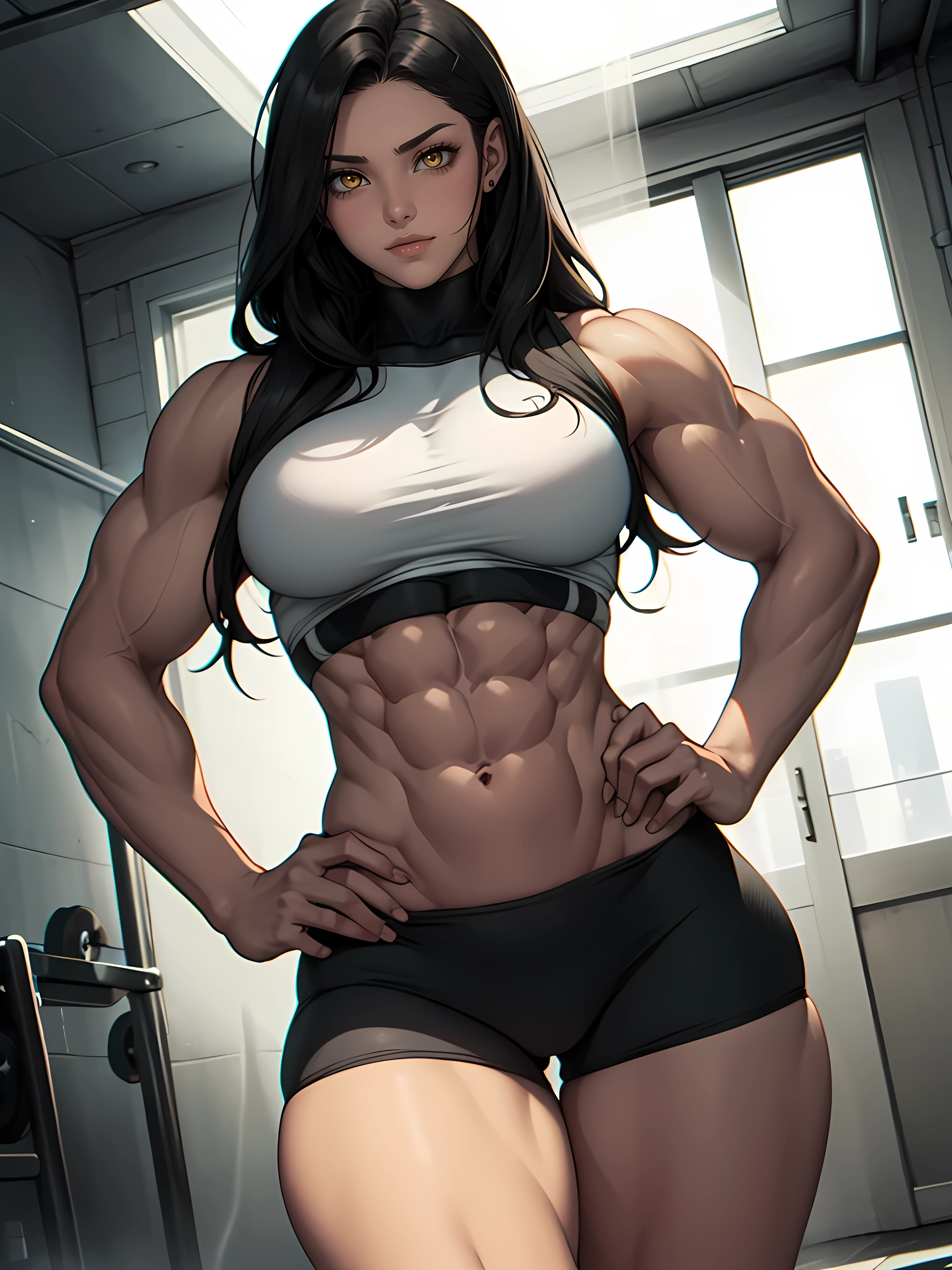 ((((Massive Female Bodybuilder)))), ((wide hips)), (slim waist), (((wide shoulders))), ((((Huge breasts)))), thick thighs pale skin girl black hair yellow eyes sad chiaroscuro muscular muscular