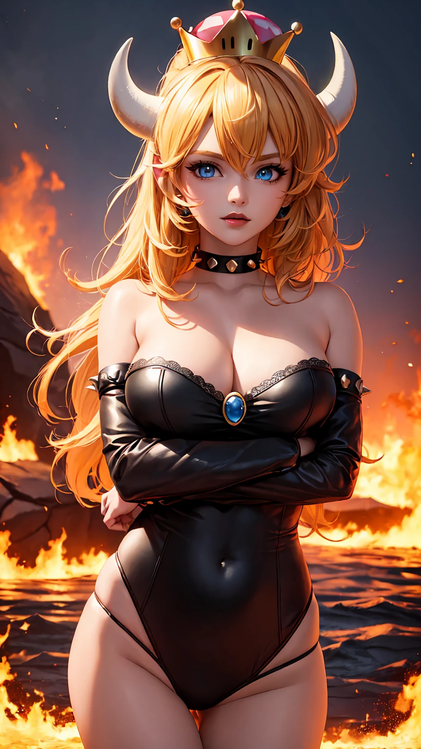 ((high detailed, best quality, 4k, masterpiece, hd:1.3)), ((best quality)), (((HD))), (((8k))), (ultraDH), (ultra HD), Princess Daisy, blue eyes, BREAK blue eyes, seductive, attractive, smooth anime cg art, 36C breasts, long legs, vivid colors, detailed digital art, slim body, perfect skin, dark blonde hair, long hair, blonde hair, blonde hair, BREAK crown, cleavage, 36C cleavage, looking at viewer, BREAK looking at viewer, extremely detailed face, red santa suit, red santa claus suit, santa claus suit, earrings, gem, dark black makeup lips, dark gothic eyeshadows, dark eyeshadows, black eyeshadows, black sexy lips, black lips, (dark:1.2), dark lips, very dark lips, (perfect hands, perfect anatomy), black makeup, black medium lips, black thick lips, detailed fingers, five fingers per hand, 5 fingers, (1 girl), detailed lips, detailed black lips, black painted lips, gothic painted lips, BREAK night, night sky, (breast focus), (arms outstreched:1.2), (from above:1.1), (breasts out:1.3), (off shoulder:1.1), (white horns), (bra), inside a lava castle, she inside a sea of lava, she bathing in lava,