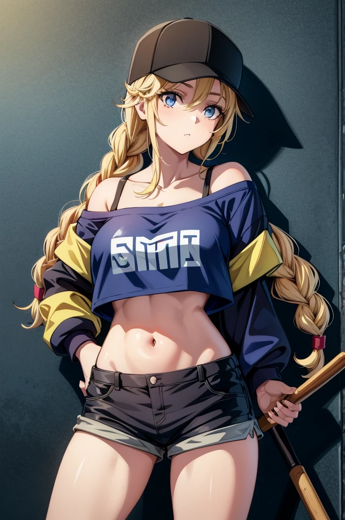 a woman in a baseball cap and shorts, posing with a bat, and leaning on a wall, 1girl, hat, braid, baseball cap, blue eyes, navel, shorts, blonde hair, solo, long hair, jacket, crop top, off shoulder, twin braids, midriff, breasts