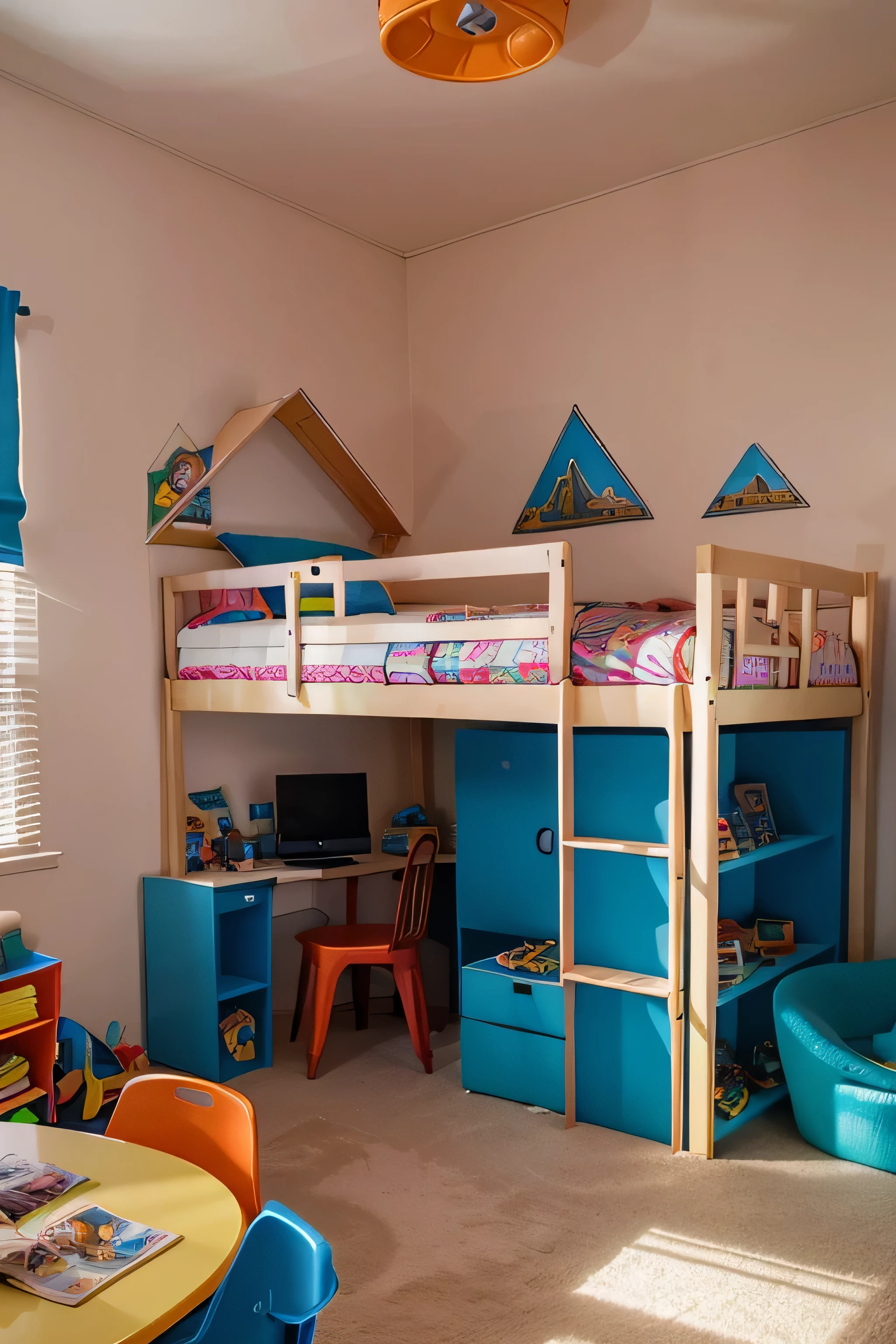 A cozy and vibrant children's room filled with a variety of colorful elements. The walls are smooth, their color is blue

  The room has age-appropriate furniture, including a bunk bed with a trampoline base, a desk and a bookshelf. A spaceship-shaped play tent is set up in the corner. There are some toys scattered around, like action figures and cars. The overall atmosphere of the room is cheerful, safe and full of imagination.