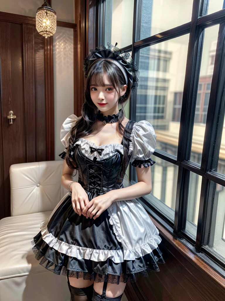 Accurate depiction with high resolution,(8K, Photorealistic, Raw photo, of the highest quality: 1.3), (1girl in), Super beautiful, (Realistic face), (boyish, Silver Color Berry Shorthair), Beautiful , Glare that captivates the viewer, Beautiful expression, Beautiful breasts, (Realistic skin), Be...Super high quality, super high definition, super detailed, masterpiece, 20years old, female, cute, perfect face, beautiful, nice body, gothic lolita clothes, gothic lolita fashion, frilly skirt, headdress, necklace, bracelet, knee-high socks, boots, double eyelids, tear bags, Detailed down to the fingers, photo-like description, indoors, dim indoor lighting, black hair, semi long, standing, whole body, composition that shows the whole body, smiling