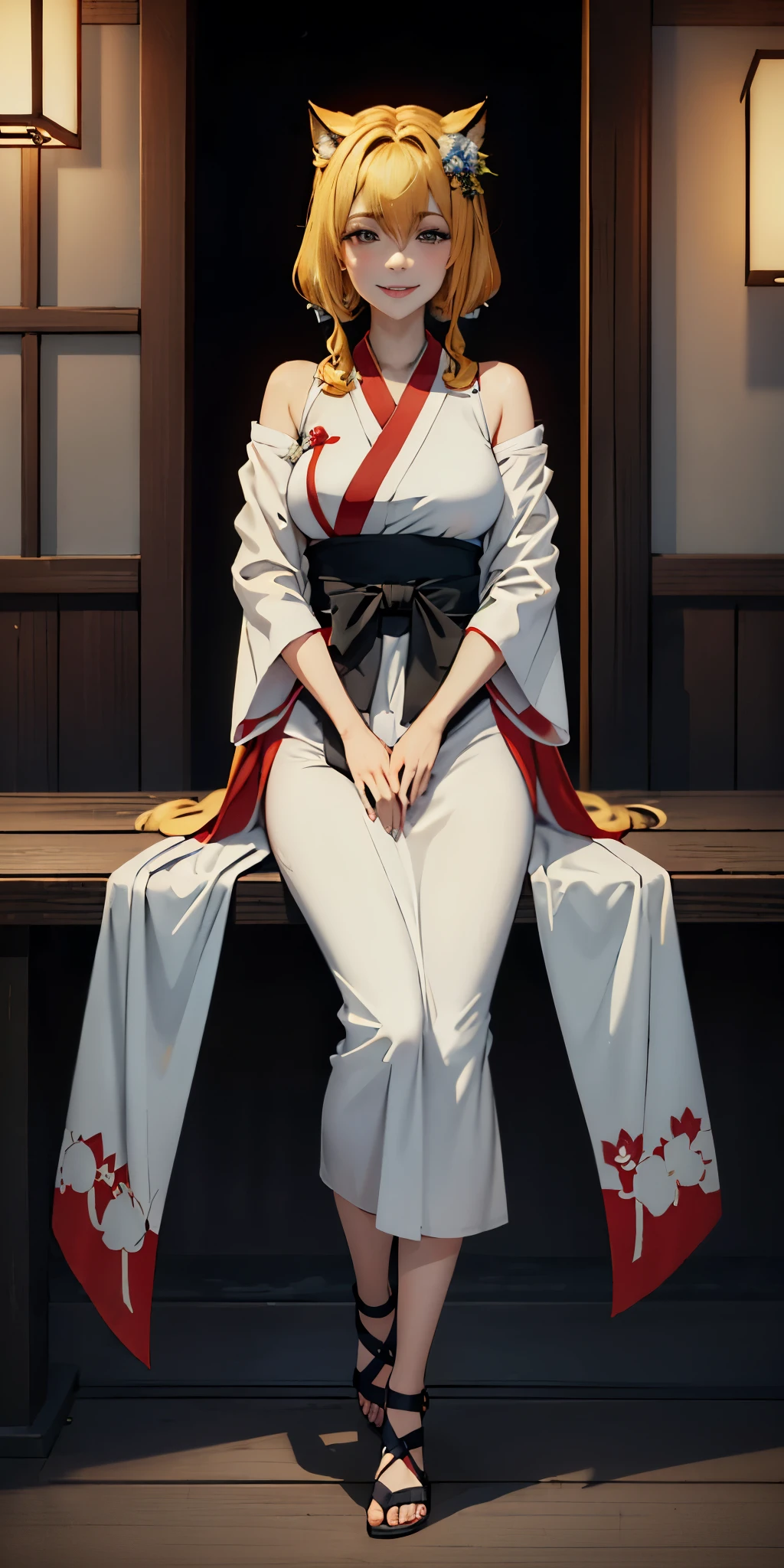 ((4k,masterpiece,best quality)) shuimobysim, traditional Japanese temple ink painting, lotus, hanfu, maxiskit, dress conservatively
1sologirl, blonde hair, fox fluffy ears, white,  fish, many fish near girl, full body look at viewer, lustful smile, red cheeks