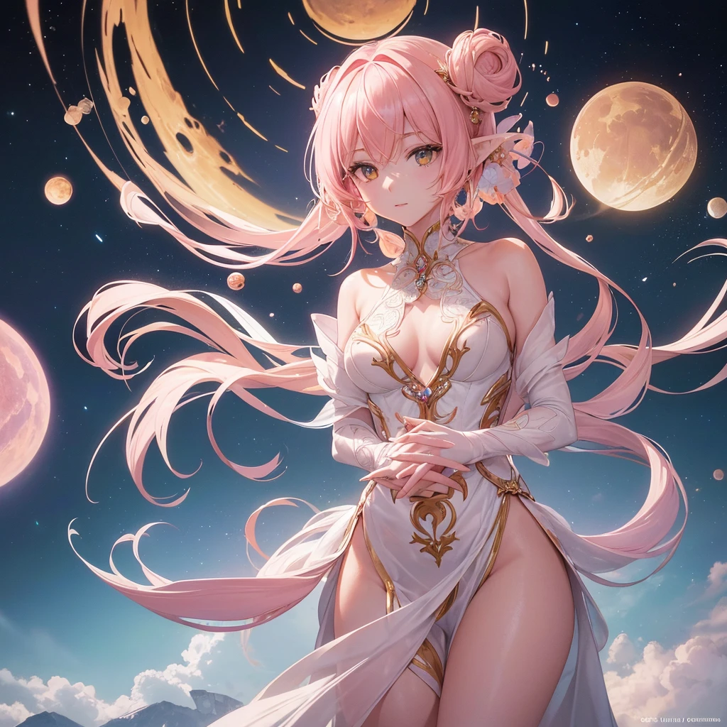 A (((Stunning, High-Definition Art Illustration))) reminiscent of the ethereal Tsumugi from Knights of Sidonia's Alien Musume. The central figure's body is a (((gorgeous fusion of intricate, radiant luminescent light pink biomass))), encapsulating an otherworldly grace that leaves an indelible impression. Whimsical tendrils, entwined like strands of shimmering light, wrap around the viewer's torso, inviting them further into the captivating allure of this extraordinary alien being. Framed by a (((breathtaking panorama of swirling celestial bodies))),