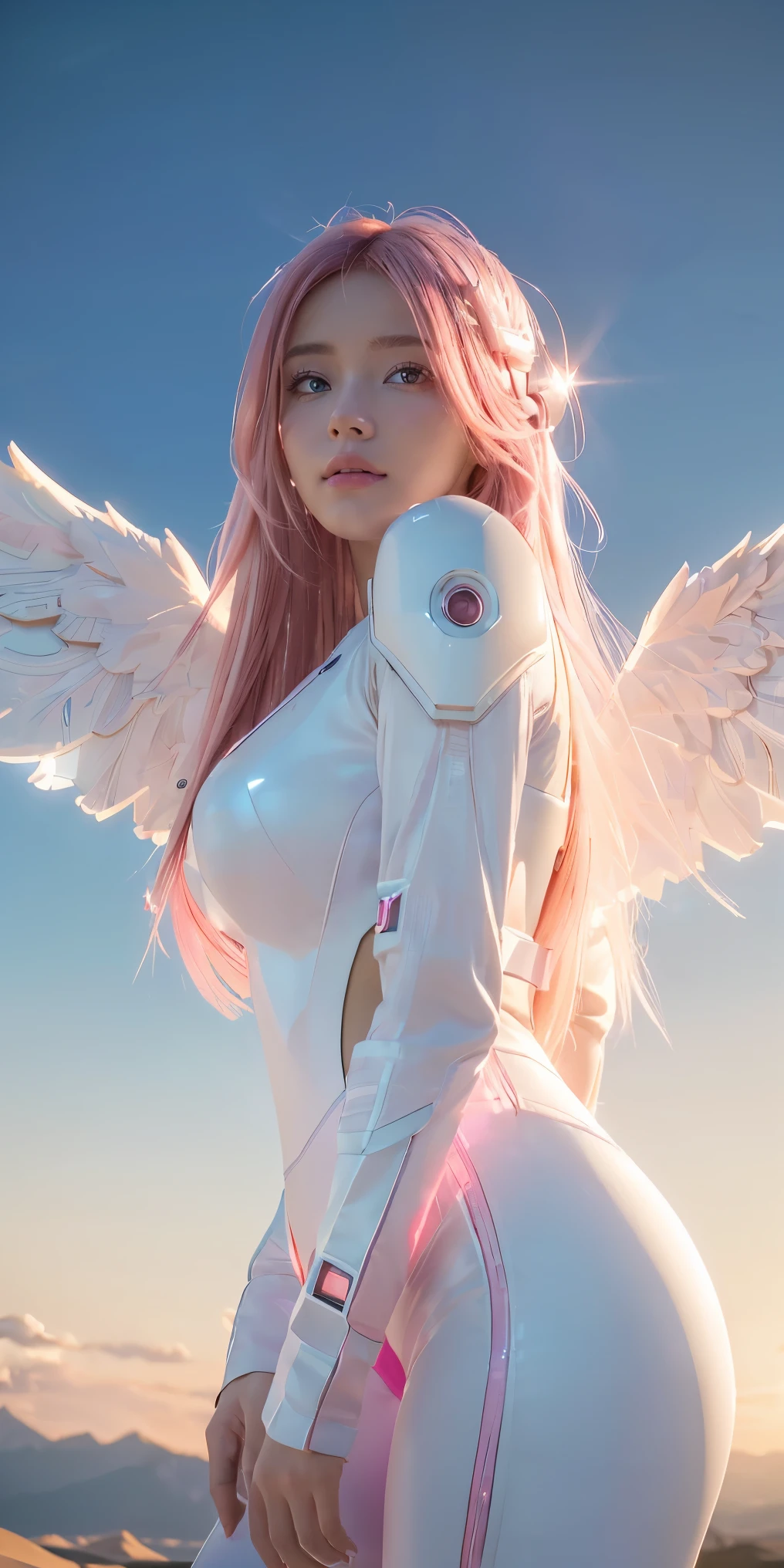 ((masterpiece, best quality, extremely detailed), volumetric lighting, ambient occlusion, colorful, glowing),
1girl, solo, young girl, (pink hair), long hair, halo, aura, sacred, godness, cyber suit, (white outfit:1.3), android, bot, angel wings,
outdoors, sunset, sky, clouds, space, (cyberpunk theme:1.2),