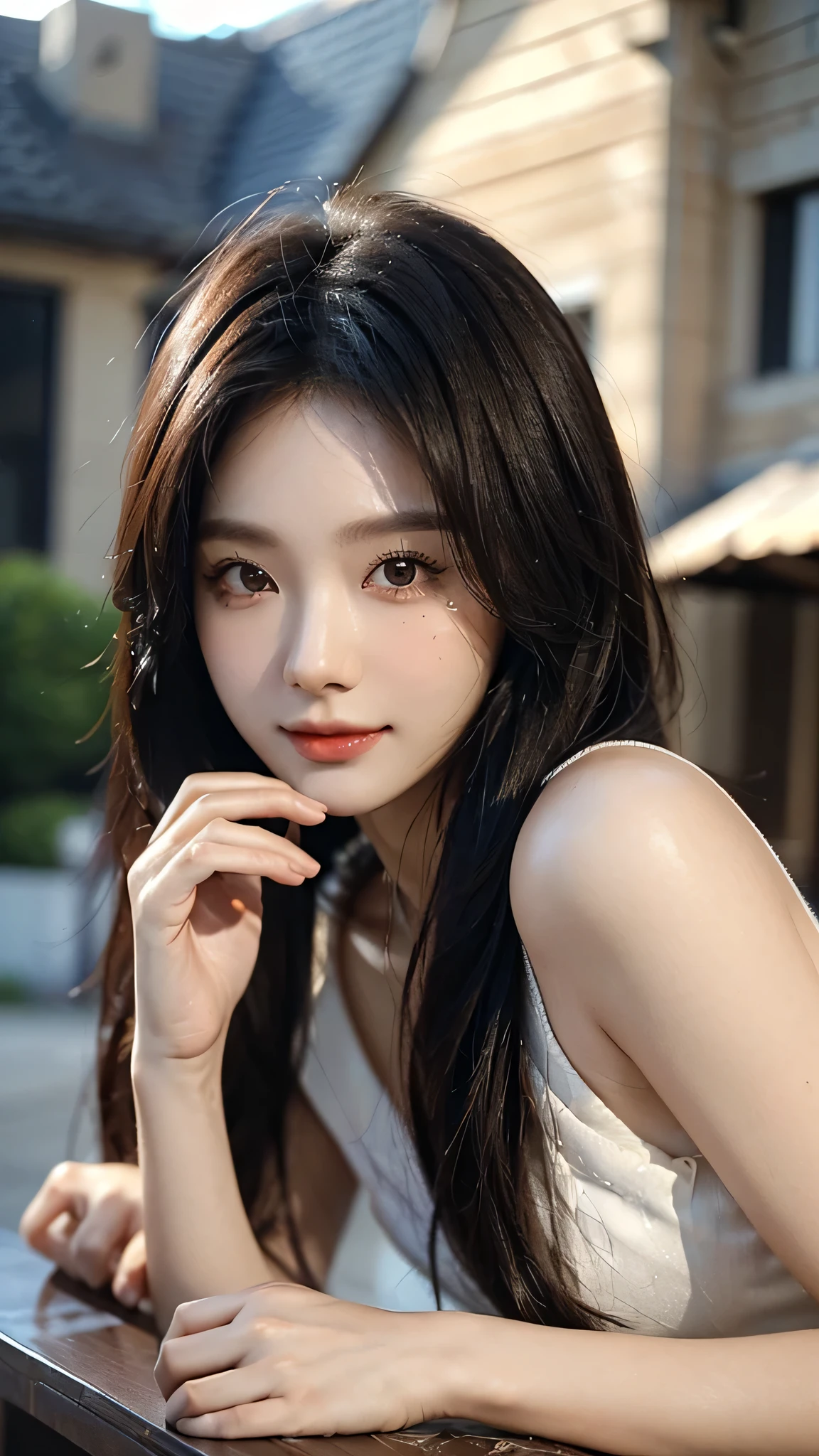 masterpiece、top-quality)、1 beautiful girl、(( plain clothes:1.1))、((Wearing black sunglasses )), (Detailed beautiful eyes), ((Detailed skin)) , ((Detailed beautiful medium hair))、((Smaller face))、((Neutral face))、((Face seen from the side))、((Light brown eyes))、((Korean Girl))、((18year old))、((medium hair))、((A shy smile on his face))、((Korean Makeup))、((elongated and sharp eyes))、((Happy dating))、((Shot from the same height as your face) (( in modern villa)), ((CG rendering)), ((Blurred background)), ((deep shadow)), ((16K)), ((Very detailed)), ((wallpaper)), ((depth of field)), ((movie light)), (( Ray tracing))