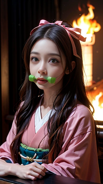 3D ,Realistic,Nezuko, One Girl,Bamboo in the mouth, bit gag, Brown Hair, Checked sash, gag, Gagged, Gradient Hair, ヘアribbon, Haori, Typically, kimono, Long Hair, View your audience, Multicolored Hair, Orange Hair, Pink Eyes, ピンクのkimono, ピンクribbon, ribbon, alone, Upper Body, ((Tabletop))、cute,The background is a flowing flame,Pillar of Fire