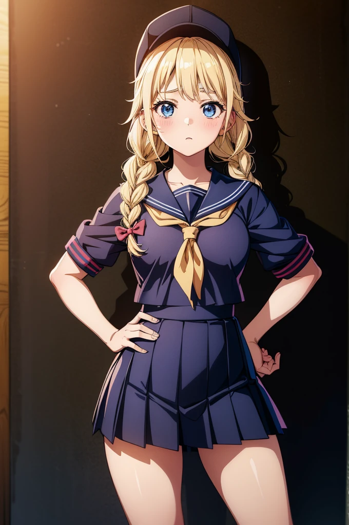 masterpiece, highest quality, 1 girl, alone, noise \(nod\), (serafuku:1.3),sailor dress,(Pleated skirt),(dark skinned woman:0.9),upper body,Hands on Hips,(contrapposto:1.3),blush,Eiko Tsukimi, blue eyes, braid, twin braid, (((blonde hair))), long hair,baseball cap