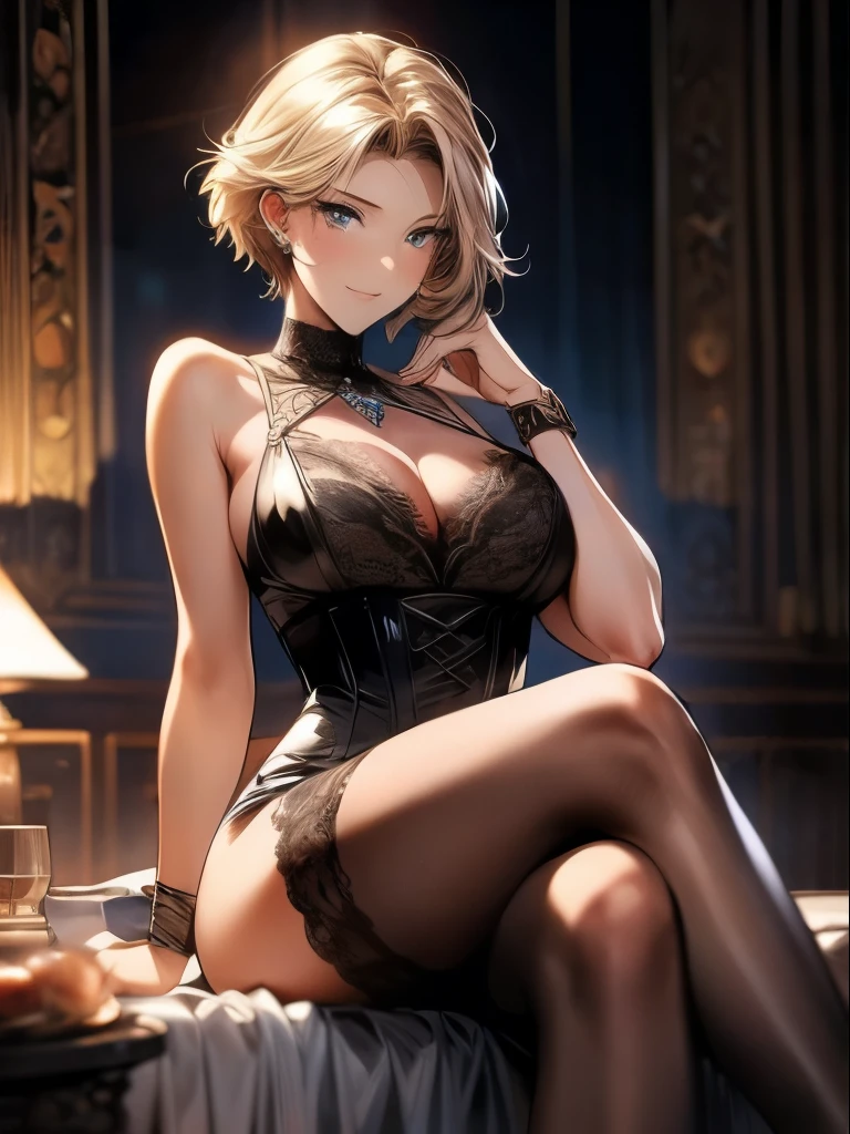 Anime, a glamour shot of a smiling MILF, short hair, busty, big ass, Standing demurely with her legs crossed in a bedroom, long sexy legs, leaning toward the viewer, with Smokey eyes and knowing smile wearing a revealing corset, white lace stockings, insanely detailed face and eyes, intricate, hyper-detailed bedroom, digital illustration, masterpiece, beautiful eyes, atmospheric lighting, centered, perfect anatomy, glowing eyes, candid portrait, clear, very detailed, smooth, sharp focus, focused on the viewer,