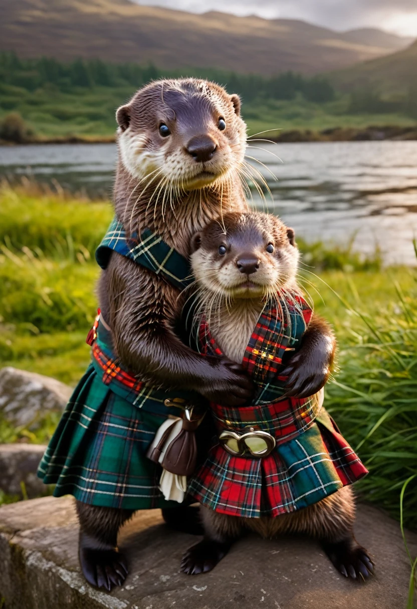 An Otter, Imagine a charming scene featuring a baby otter and a baby girl otter, both wearing Scottish plaid. The baby otter is adorned in a small, traditional kilt with a tartan pattern, matching a tiny sash draped over the baby girl otter's shoulder, which complements her cute, fluffy appearance. They are sitting together on a lush, green meadow by a serene riverbank, surrounded by Scotland's picturesque landscape. The sun is setting, casting a golden glow over the scene, highlighting the vibrant colors of their plaid and the natural beauty around them. This image captures a moment of pure innocence and joy, as the otters play and explore their surroundings, embodying the spirit of Scottish heritage with a whimsical twist.