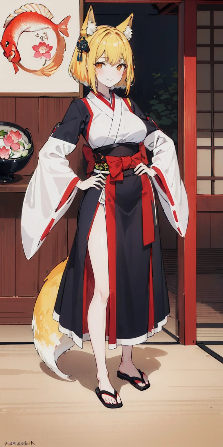 ((4k,masterpiece,best quality)) shuimobysim, traditional Japanese temple ink painting, lotus, hanfu, maxiskit, dress conservatively, 1sologirl, blonde hair, fox fluffy ears, white,  fish, many fish near girl, full body look at viewer, lustful smile, red cheeks, hands clenching fists on hips waist