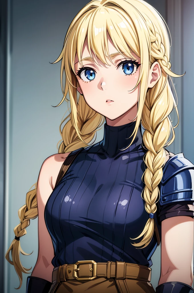 (masterpiece, best quality:1.2), expressive eyes, perfect face, highres, 1 girl, solo, (female:1.5), strife, blonde hair, shoulder armor, sleeveless turtleneck, suspenders, belt, gloves, bracer, standing, portrait, looking at viewer,Eiko Tsukimi, blue eyes, braid, twin braid, (((blonde hair))), long hair,baseball cap