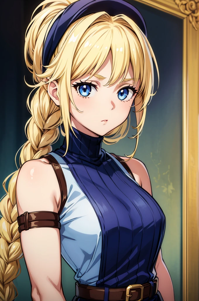 (masterpiece, best quality:1.2), expressive eyes, perfect face, highres, 1 girl, solo, (female:1.5), strife, blonde hair, shoulder armor, sleeveless turtleneck, suspenders, belt, gloves, bracer, standing, portrait, looking at viewer,Eiko Tsukimi, blue eyes, braid, twin braid, (((blonde hair))), long hair,baseball cap