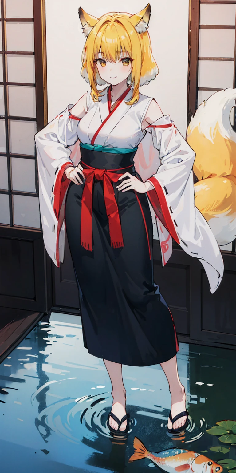 ((4k,masterpiece,best quality)) shuimobysim, traditional Japanese temple ink painting, lotus, hanfu, maxiskit, dress conservatively, 1sologirl, blonde hair, fox fluffy ears, white, fish, many fish near girl, full body look at viewer, lustful smile, red cheeks, hands clenching fists on hips waist