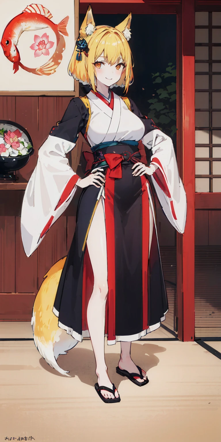 ((4k,masterpiece,best quality)) shuimobysim, traditional Japanese temple ink painting, lotus, hanfu, maxiskit, dress conservatively, 1sologirl, blonde hair, fox fluffy ears, white, fish, many fish near girl, full body look at viewer, lustful smile, red cheeks, hands clenching fists on hips waist