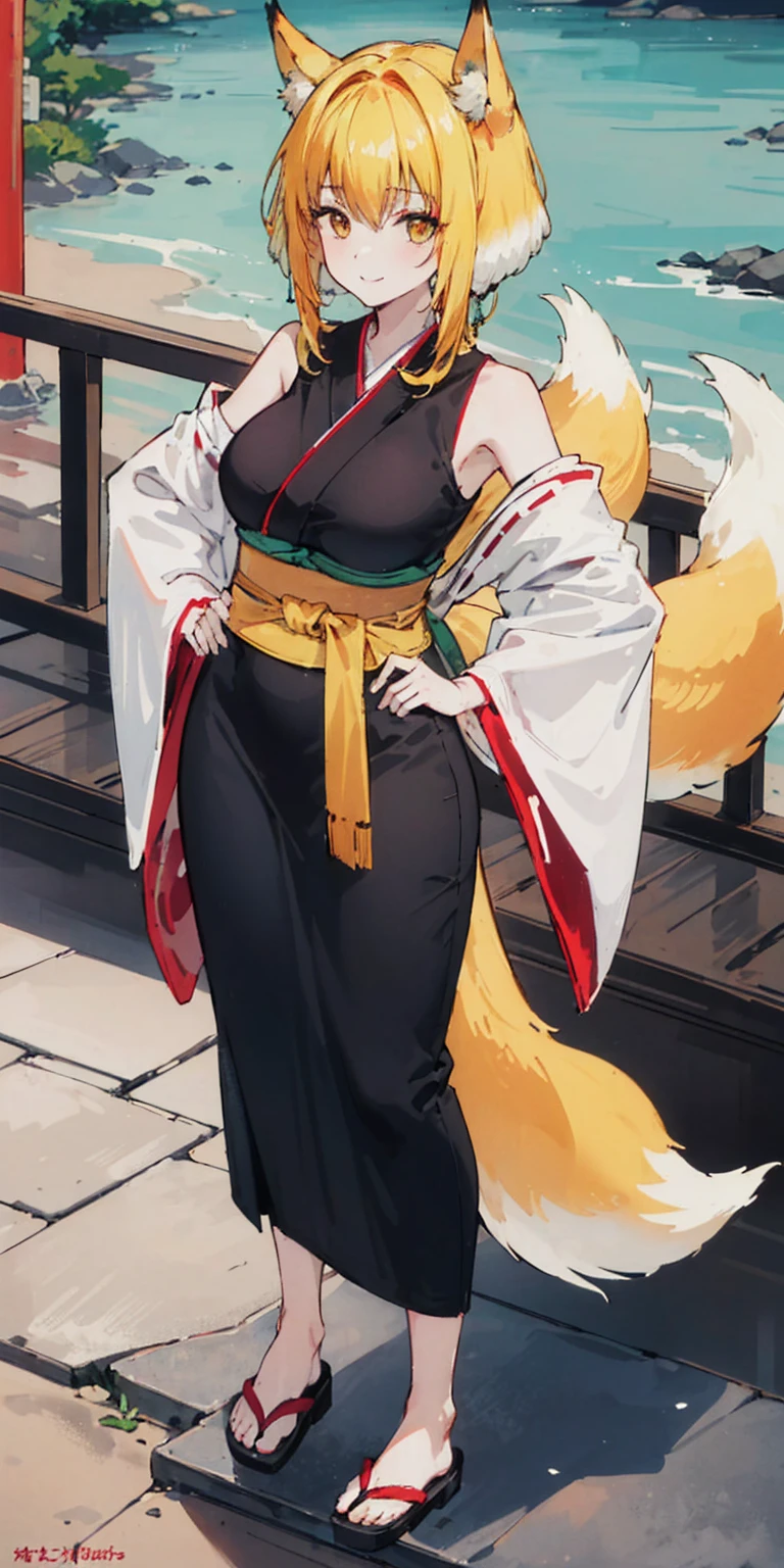 ((4k,masterpiece,best quality)) shuimobysim, traditional Japanese temple ink painting, lotus, hanfu, maxiskit, dress conservatively, 1sologirl, blonde hair, fox fluffy ears, white, fish, many fish near girl, full body look at viewer, lustful smile, red cheeks, hands clenching fists on hips waist