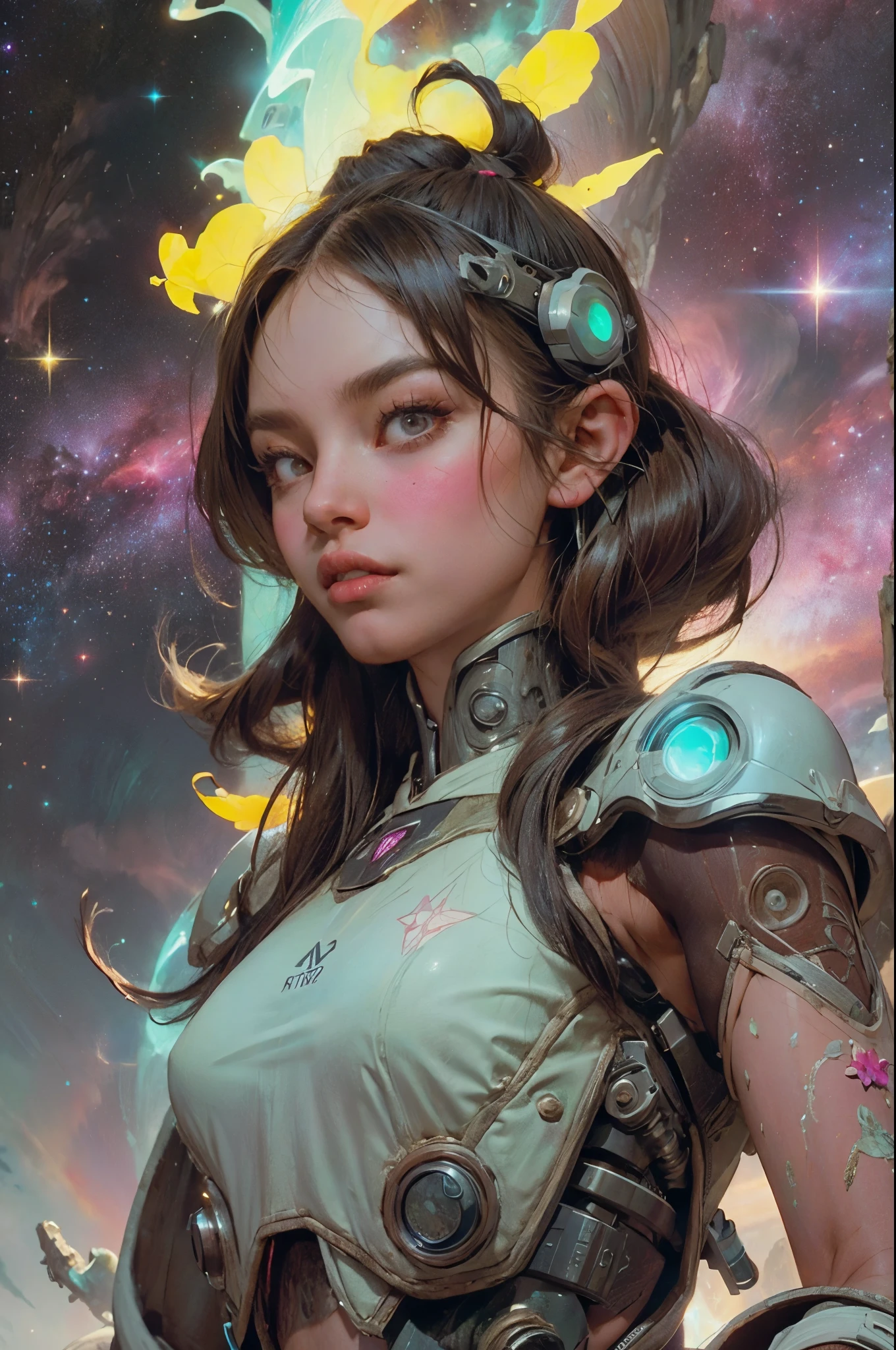 there is a screenshot of a woman in a space suit, cosmic girl, event, cosmic entity, incrinate content details, endless cosmos in the background, historical event, real event, astral background, cosmic background, cosmic goddess, cyborg goddess in cosmos, celestial cosmos, game interface, violet battlefield theme, cosmic style, hyperdetailed content, background details