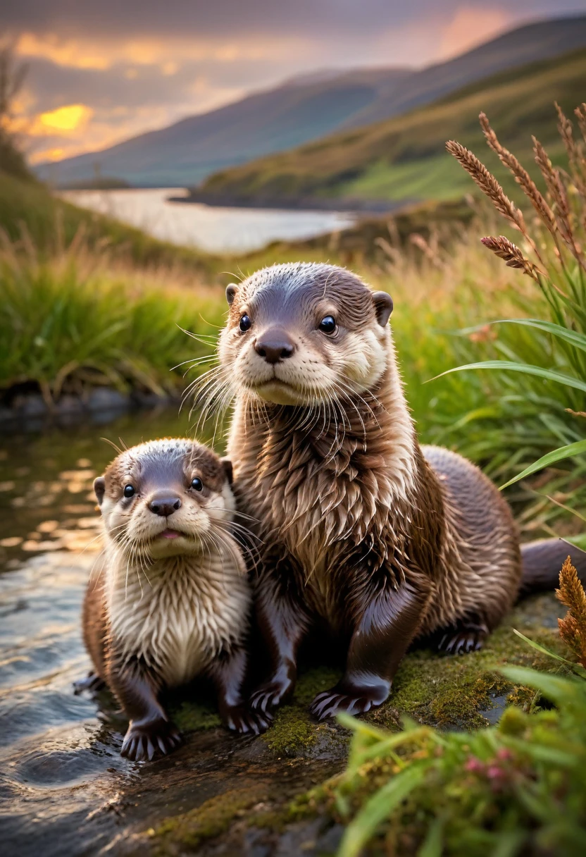 An Otter, Imagine a charming scene featuring a baby otter and a baby girl otter, both wearing Scottish plaid. The baby otter is adorned in a small, traditional kilt with a tartan pattern, matching a tiny sash draped over the baby girl otter's shoulder, which complements her cute, fluffy appearance. They are sitting together on a lush, green meadow by a serene riverbank, surrounded by Scotland's picturesque landscape. The sun is setting, casting a golden glow over the scene, highlighting the vibrant colors of their plaid and the natural beauty around them. This image captures a moment of pure innocence and joy, as the otters play and explore their surroundings, embodying the spirit of Scottish heritage with a whimsical twist.