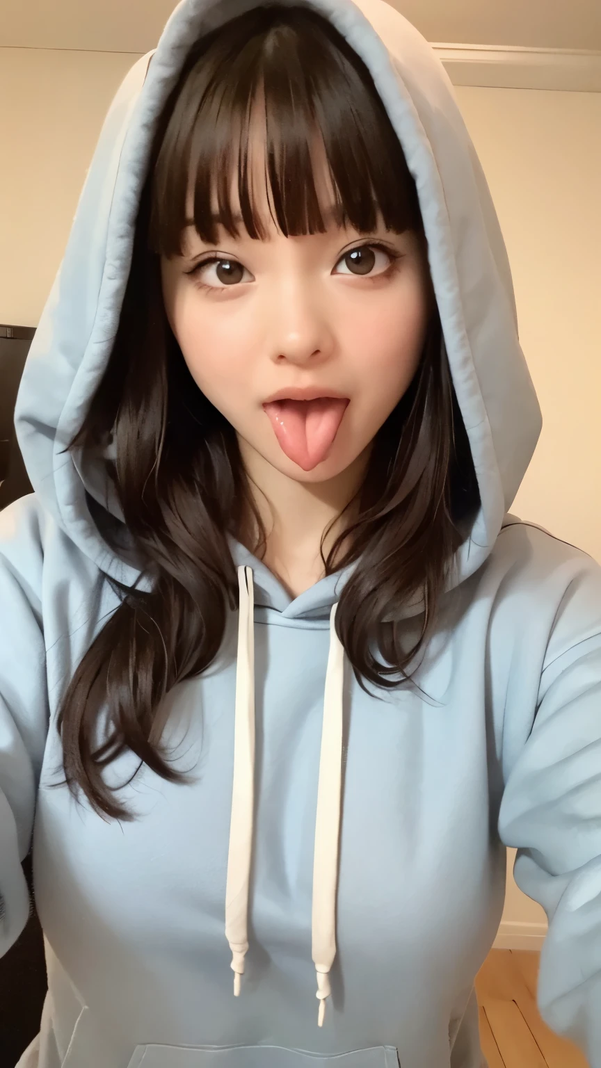 Beautiful droopy eyes、((Hooded sweatshirt))、Big Breasts、Black Hair、Long Hair、((Blunt bangs))、Straight hair、White skin、Fair skin、((Sticking out tongue))、 drool from the tongue、Mouth smile