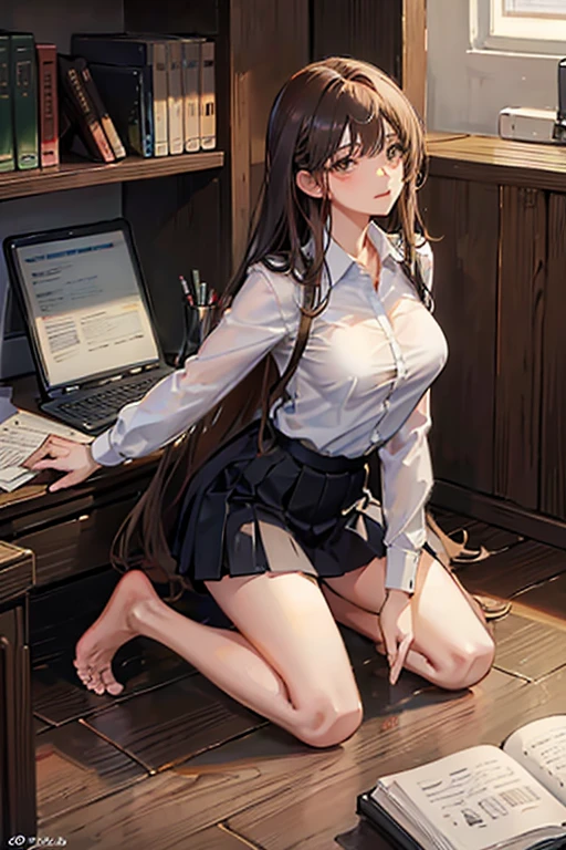 Italian girl, very long brown hair, super gigantic breasts, wearing a small shirt, wearing a black pleated mini skirt, her hair covering her breasts, bare feet, kneeling in the office