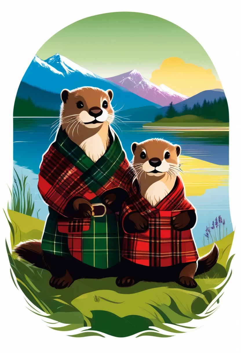 An Otter, Imagine a charming scene featuring a baby otter and a baby girl otter, both wearing Scottish plaid. The baby otter is adorned in a small, traditional kilt with a tartan pattern, matching a tiny sash draped over the baby girl otter's shoulder, which complements her cute, fluffy appearance. They are sitting together on a lush, green meadow by a serene riverbank, surrounded by Scotland's picturesque landscape. The sun is setting, casting a golden glow over the scene, highlighting the vibrant colors of their plaid and the natural beauty around them. This image captures a moment of pure innocence and joy, as the otters play and explore their surroundings, embodying the spirit of Scottish heritage with a whimsical twist.