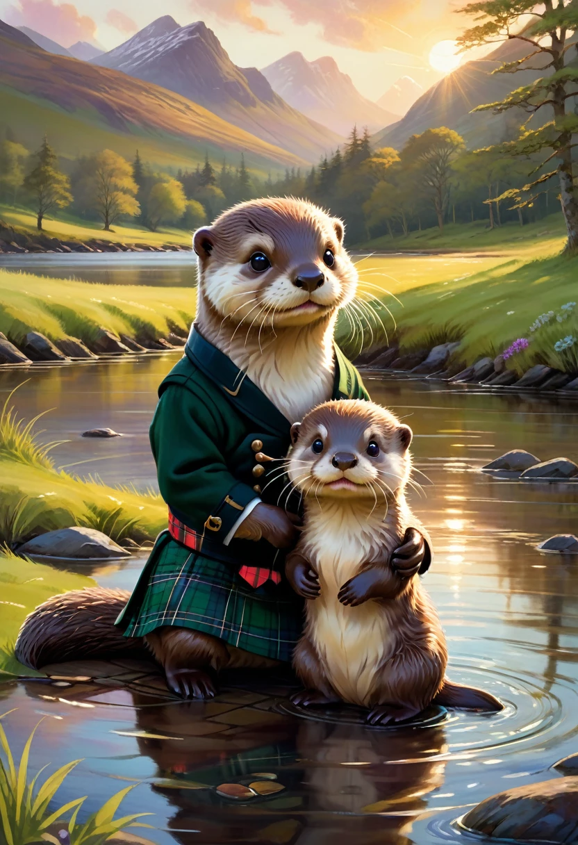 An Otter, Imagine a charming scene featuring a baby otter and a baby girl otter, both wearing Scottish plaid. The baby otter is adorned in a small, traditional kilt with a tartan pattern, matching a tiny sash draped over the baby girl otter's shoulder, which complements her cute, fluffy appearance. They are sitting together on a lush, green meadow by a serene riverbank, surrounded by Scotland's picturesque landscape. The sun is setting, casting a golden glow over the scene, highlighting the vibrant colors of their plaid and the natural beauty around them. This image captures a moment of pure innocence and joy, as the otters play and explore their surroundings, embodying the spirit of Scottish heritage with a whimsical twist.
