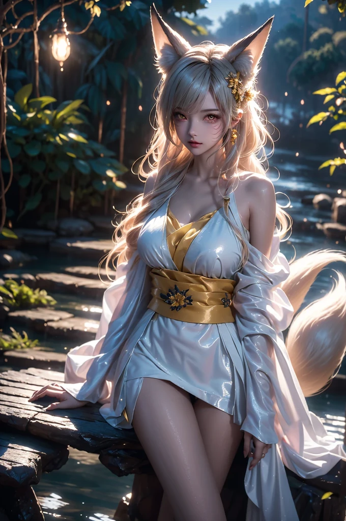((Best Quality)), ((Masterpiece)), (Very Detailed: 1.3), a fox girl with tail, 3D, ultra realistic, sci-fi technology, HDR (High Dynamic Range), ray tracing, nvidia RTX, super resolution, unreal 5, subsurface scattering, PBR texture, post-processing, anisotropic filtering, depth of field, maximum sharpness and sharpness, multi-layer texture, specular and albedo mapping, surface shading, accurate simulation of light-material interactions, perfect proportions, perfect eyes, perfect hand, perfect foot, extremely detailed background, ((detailed eyes, high quality eyes, high quality face)), octane rendering, duotone lighting, low ISO, white balance, rule of thirds, wide aperture, 8K RAW, high efficiency subpixels, subpixel convolution, light particles, light scattering, Tyndall effect, full body, ((bokeh)), APOCALYPTIC, (((1girl))), (((wearing white kimono))), white hair, (((yellow pupil eyes))), (((has a white long fox tail))), fox ears, (((VERY SEXY))), (((sit pose))), ((in jungle background)), dusk time, misty, dramatic, horror, cinematic, masterpiece