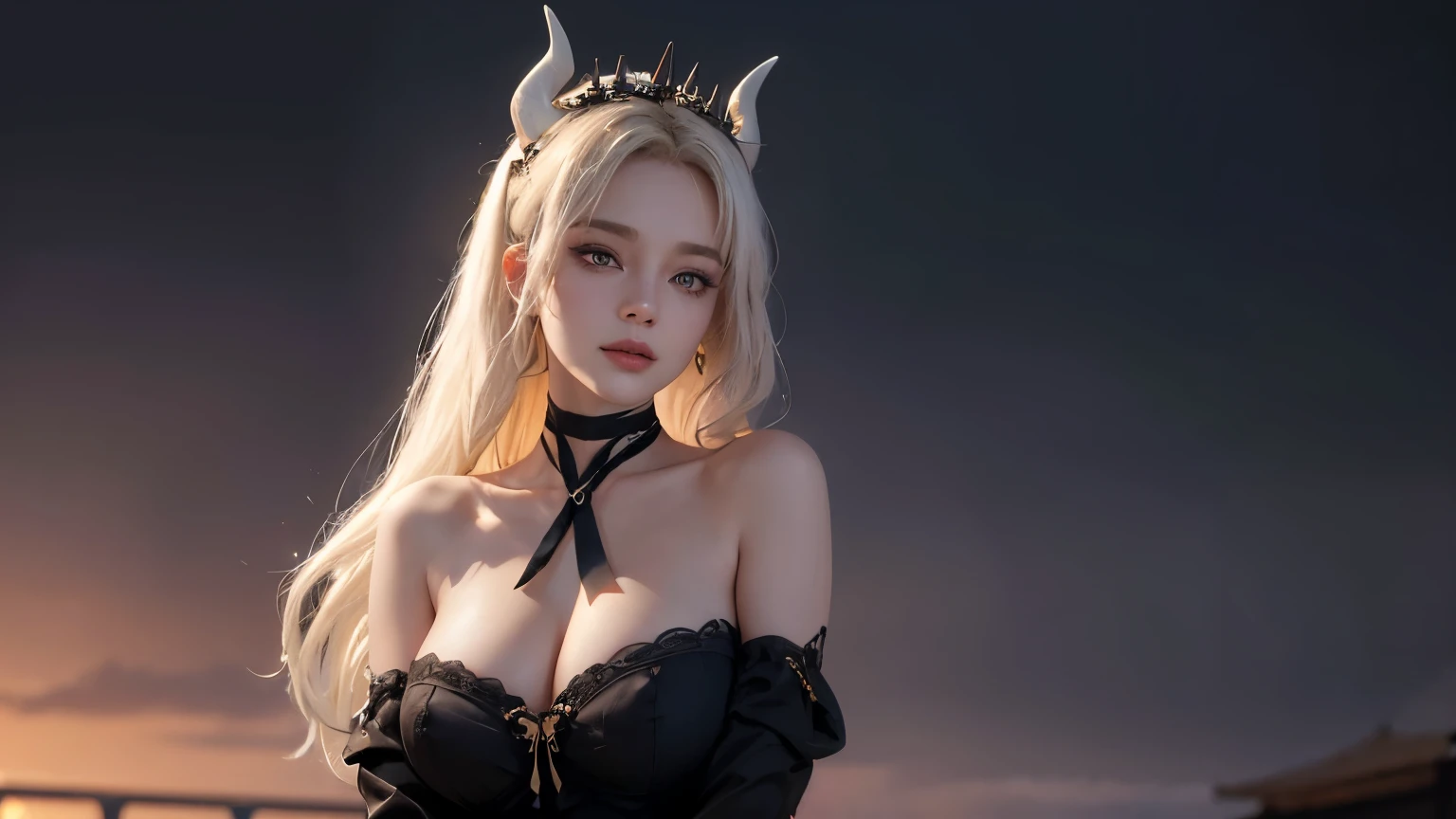 In a masterful display of artistic prowess, Lucifer from Helltaker emerges as the focal point of a hyper-realistic 8K human portrait. Clad in a formal suit featuring a striking red shirt, black pants, and a matching black necktie, she commands attention with her serene expression and captivating smile, her gaze fixed directly upon the viewer. She has the face of ((https://images.fineartamerica.com/images/artworkimages/mediumlarge/3/1-gorgeous-blonde-with-big-breasts-mihai-b.jpg)). Her eyes, almond-shaped and bewitching, mesmerize with their striking red crimson irises, framed by gracefully arched eyebrows and thick, voluminous lashes that curl upwards. Luxuriant waves of light-white hair cascade around her, catching the light in subtle platinum highlights, while her smooth, porcelain-like skin radiates a subtle glow, suggesting vitality and allure, an elegant mix of botanical and geometric patterns that enhance her already captivating presence. Her attire, a black dress and a choker around her neck, serves to underscore her beauty and sophistication. Standing tall and confident, Lucifer possesses very large bosoms, fitting into an I-sized cup, (mature female, milf:1.3). Rendered with meticulous attention to detail and realism, this portrait captures every nuance of Lucifer's appearance, from the delicate contours of her face to the subtle textures of her clothing and skin. Set against a deep matte black background, she stands as a timeless symbol of beauty and allure, her dynamic pose and perfect anatomy drawing the viewer into her world. This high-resolution masterpiece transcends mere artistry, offering a glimpse into the depths of Lucifer's character and personality. With its cinematic composition and meticulous attention to detail, a true masterpiece in every sense of the world. full body. large breasts, heavy makeup, detailed Tokyo street , smile, white hair, blush, eyeliner, white lips. thing waist (45 cm)