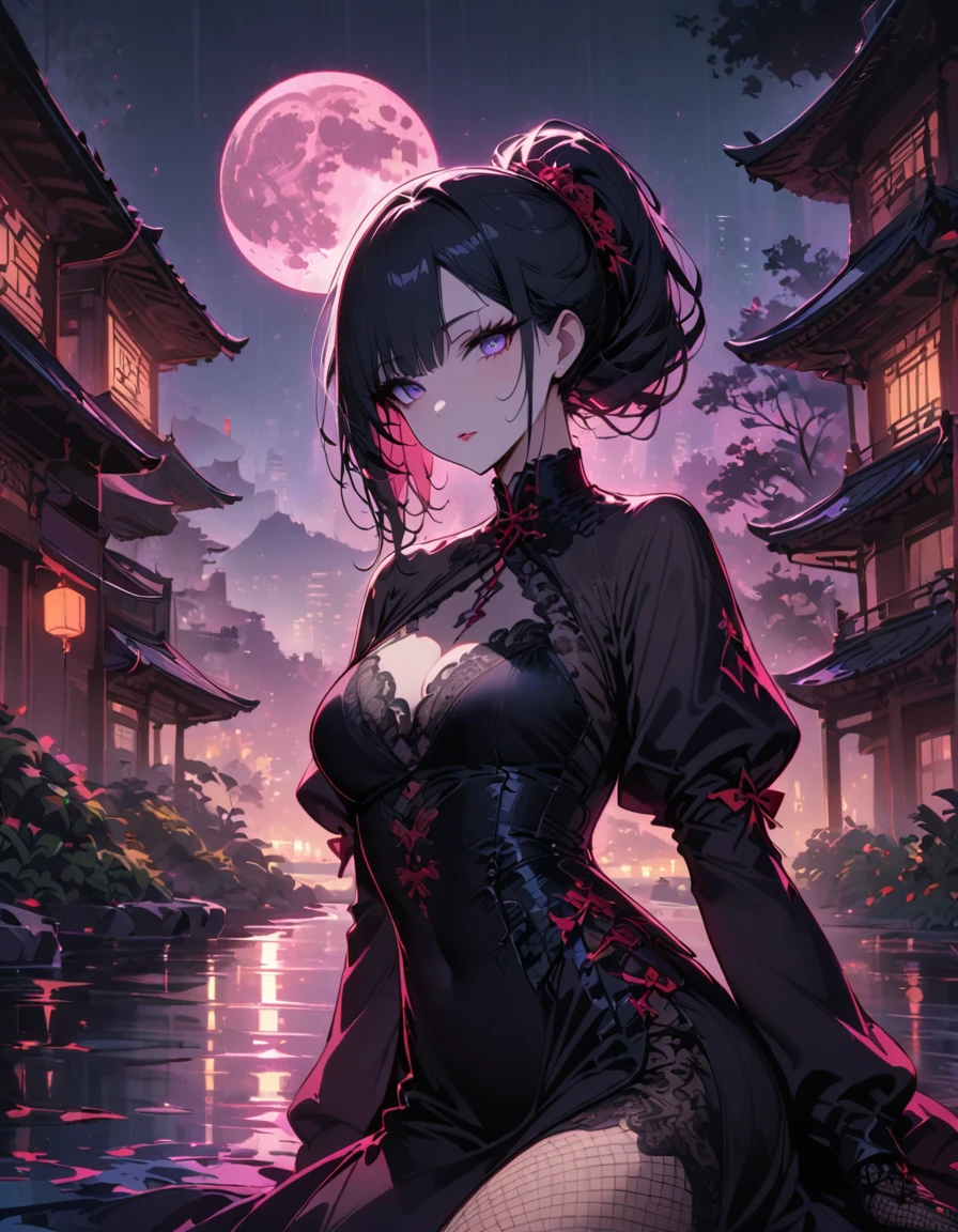 ((SFW)), (masterpiece, best quality, highres), night, full moon, 1 adult female, solo, Chinese architecture, lake view, moon in the sky, nighttime, trees, ((black lingerie)), royal sister, cold face, poker face, Woman with long silver hair, pale pink lips, Fishnet tights, Calm, Knowledgeable person, three bangs, lace gloves, grey eyes, facial details, beautiful eyes, eyes full of details),