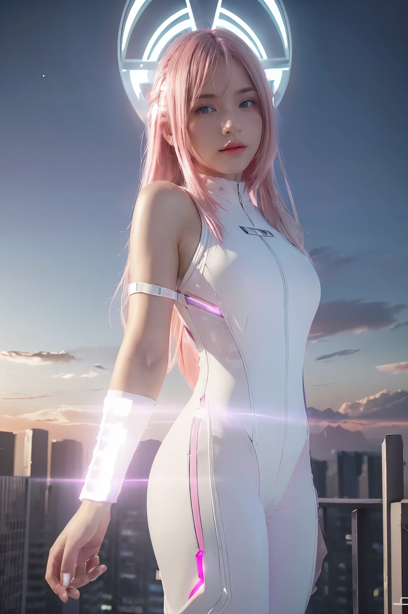 ((masterpiece, best quality, extremely detailed), volumetric lighting, ambient occlusion, colorful, glowing), 
1girl, solo, young girl, (pink hair), long hair, halo, aura, sacred, godness, cyber suit, (white outfit:1.3), android, bot, angel wings,
outdoors, sunset, sky, clouds, space, (cyberpunk theme:1.2),