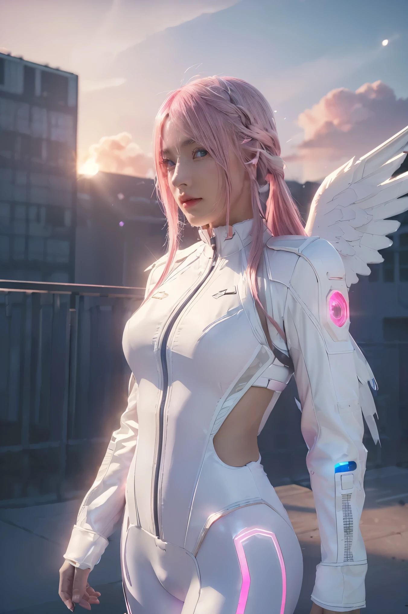 ((masterpiece, best quality, extremely detailed), volumetric lighting, ambient occlusion, colorful, glowing), 
1girl, solo, young girl, (pink hair), long hair, halo, aura, sacred, godness, cyber suit, (white outfit:1.3), android, bot, angel wings,
outdoors, sunset, sky, clouds, space, (cyberpunk theme:1.2),