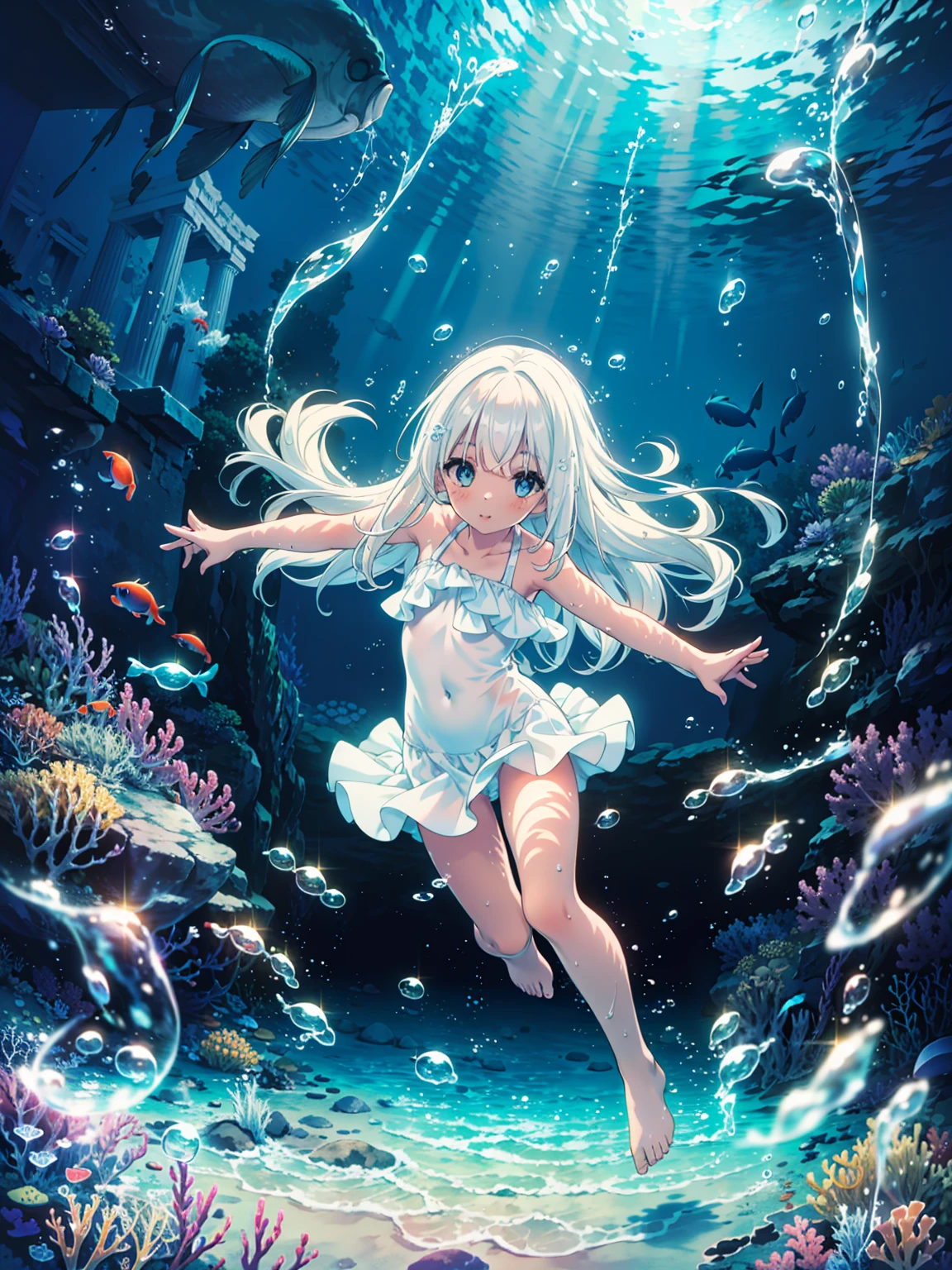 masterpiece, best quality, absurdres, 1girl, :), Deep under the sea, (white marble Greek temple under water), a girl floating in water, white_hair, dark_skin, fishs, Tyndall light, under sea, under ocean, underwater, submerged water, deep submersion