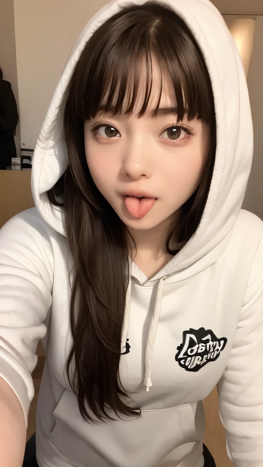 Beautiful droopy eyes、((Hooded sweatshirt))、Big Breasts、Black Hair、Long Hair、((Blunt bangs))、Straight hair、White skin、Fair skin、((Sticking out tongue))、 drool from the tongue、Mouth smile