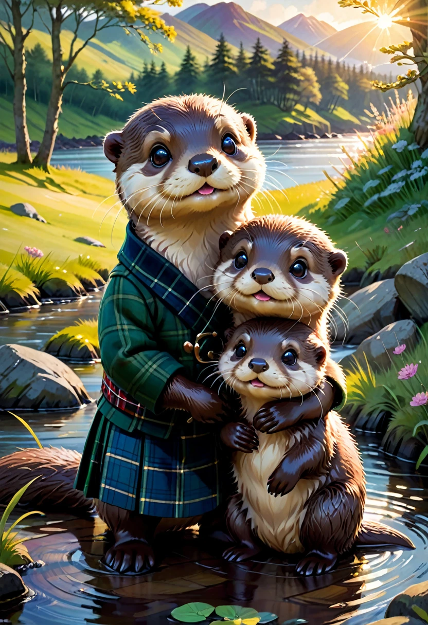 An Otter, Imagine a charming scene featuring a baby otter and a baby girl otter, both wearing Scottish plaid. The baby otter is adorned in a small, traditional kilt with a tartan pattern, matching a tiny sash draped over the baby girl otter's shoulder, which complements her cute, fluffy appearance. They are sitting together on a lush, green meadow by a serene riverbank, surrounded by Scotland's picturesque landscape. The sun is setting, casting a golden glow over the scene, highlighting the vibrant colors of their plaid and the natural beauty around them. This image captures a moment of pure innocence and joy, as the otters play and explore their surroundings, embodying the spirit of Scottish heritage with a whimsical twist.