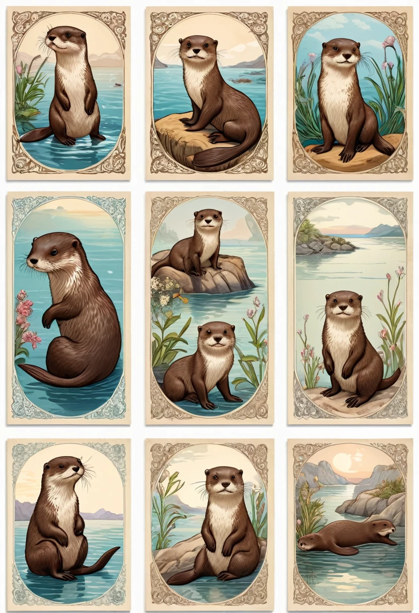 9 postcards wall of (An Otter), (masterpiece, best quality, Professional, perfect composition, very aesthetic, absurdres, ultra-detailed, intricate details:1.3)