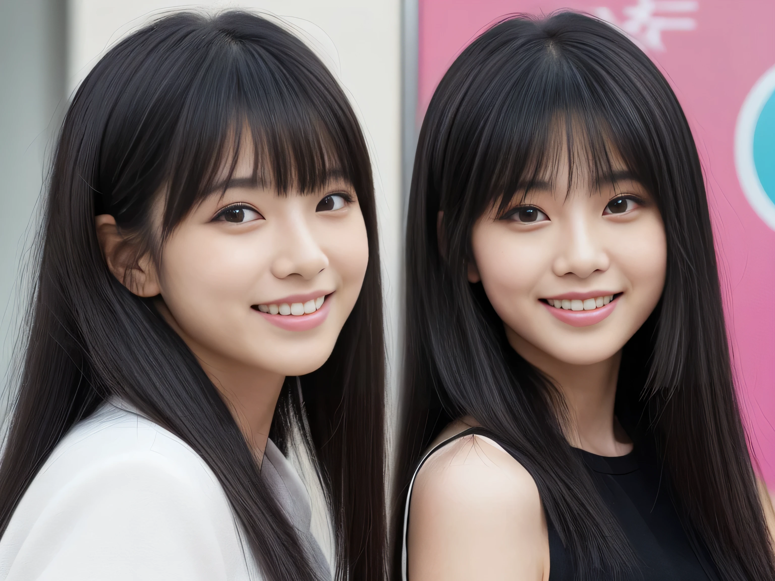 (A neck-up shot of identical twins:1.3) (Put two faces side by side, filling the screen:1.8) (The two of them are happily posing for "stand".:2.0) (The couple look happy as they gaze at each other on a busy street in Japan..) (Their faces are clones Clothes are random) (Highest quality and best detail of ridiculously long hair that lasts forever!!!!!It is very shiny and voluminous., Very straight!!! The highest quality and most detailed, incredibly long, jet black hair hangs down widely on both sides of the body. Her highest quality and highest detail of ridiculously long everlasting extraordinarily long jet black hair is very long hair!!!!! Her beautiful jet black hair is very long!!!!! Her hair is very black!!!!! length hair down to the waist!!!!! length hair down to the waist!!!!! length hair down to the waist!!!!! length, Shiny long black hair!!!!!, black silky hair, detailed length black hair, length black straight hair, long Straight black hair, length black hair, thick shining black hair, length black hair, Straight black hair, length and free straight black hair, Perfect Silky Straight Hair, Extra Dark Natural Black Hair, very length black hair) (Her bangs are neatly arranged.:1.5) (Japan's most beautiful 18-year-old hair model) ((highest quality)), ((masterpiece)), (Familiar) (Get used to it) Perfect Face (Her skin is a typical Japanese complexion....、And very detailed) (Big Breasts) (They are wearing shiny, silky dresses.) (She has a beautiful Japanese face and a typical Japanese figure...., Narrow eyes) (She has perfect beautiful makeup and face The lipstick is bright red A solid eyeliner) ((Rich 1.4)) (Extremely detailed 8K) (Ultra-fine skin texture 1.4) (Actual, Vibrant:1.4), double eyelid Sharp focus:1.2、Beautiful woman:1.4 Dynamic Lighting (Genuine RAW photos taken by professional photographers) Professionally lit from the front (She has a bright and cheerful face)