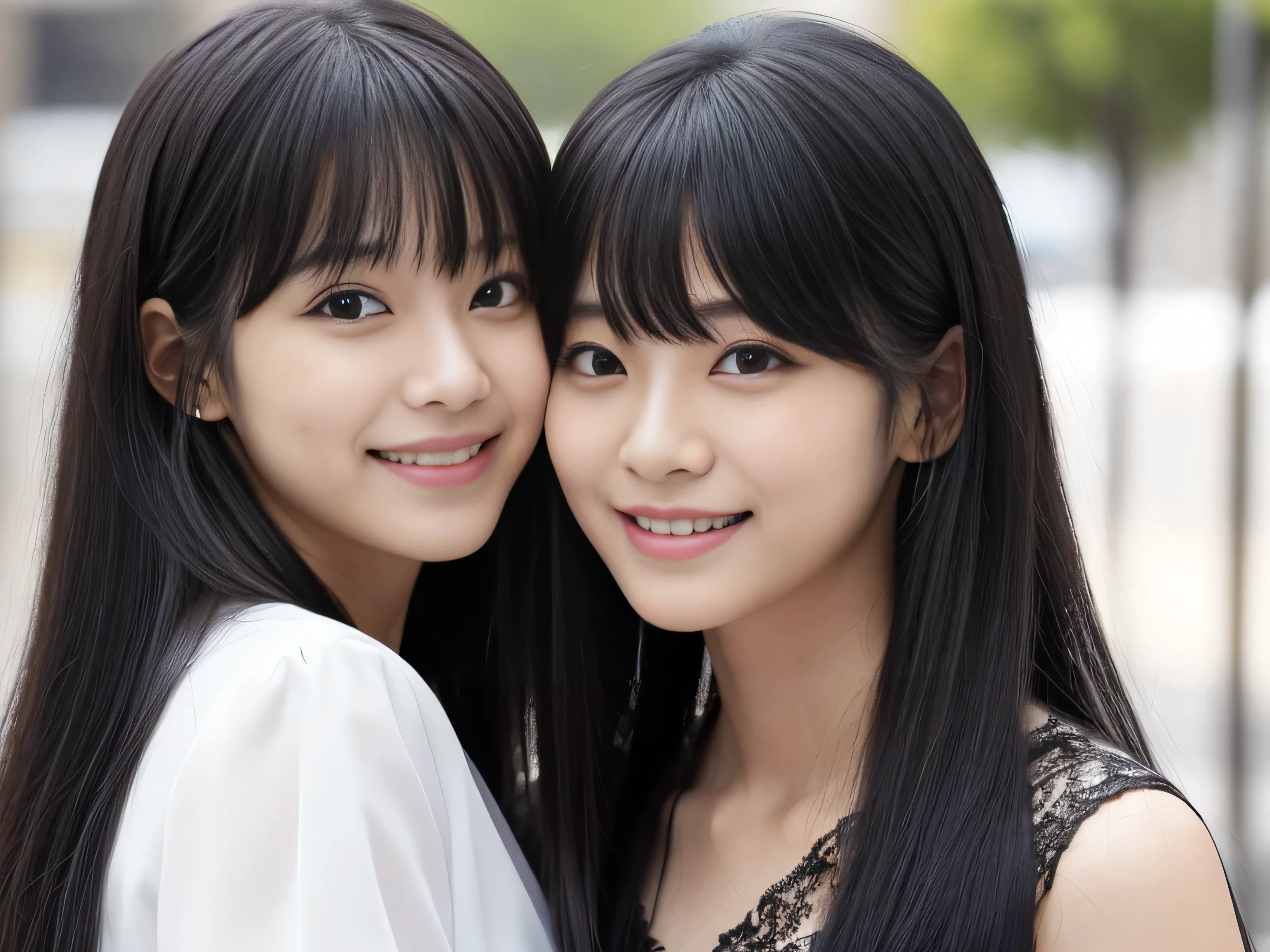 (A neck-up shot of identical twins:1.3) (Put two faces side by side, filling the screen:1.8) (The two of them are happily posing for "stand".:2.0) (The couple look happy as they gaze at each other on a busy street in Japan..) (Their faces are clones Clothes are random) (Highest quality and best detail of ridiculously long hair that lasts forever!!!!!It is very shiny and voluminous., Very straight!!! The highest quality and most detailed, incredibly long, jet black hair hangs down widely on both sides of the body. Her highest quality and highest detail of ridiculously long everlasting extraordinarily long jet black hair is very long hair!!!!! Her beautiful jet black hair is very long!!!!! Her hair is very black!!!!! length hair down to the waist!!!!! length hair down to the waist!!!!! length hair down to the waist!!!!! length, Shiny long black hair!!!!!, black silky hair, detailed length black hair, length black straight hair, long Straight black hair, length black hair, thick shining black hair, length black hair, Straight black hair, length and free straight black hair, Perfect Silky Straight Hair, Extra Dark Natural Black Hair, very length black hair) (Her bangs are neatly arranged.:1.5) (Japan's most beautiful 18-year-old hair model) ((highest quality)), ((masterpiece)), (Familiar) (Get used to it) Perfect Face (Her skin is a typical Japanese complexion....、And very detailed) (Big Breasts) (They are wearing shiny, silky dresses.) (She has a beautiful Japanese face and a typical Japanese figure...., Narrow eyes) (She has perfect beautiful makeup and face The lipstick is bright red A solid eyeliner) ((Rich 1.4)) (Extremely detailed 8K) (Ultra-fine skin texture 1.4) (Actual, Vibrant:1.4), double eyelid Sharp focus:1.2、Beautiful woman:1.4 Dynamic Lighting (Genuine RAW photos taken by professional photographers) Professionally lit from the front (She has a bright and cheerful face)