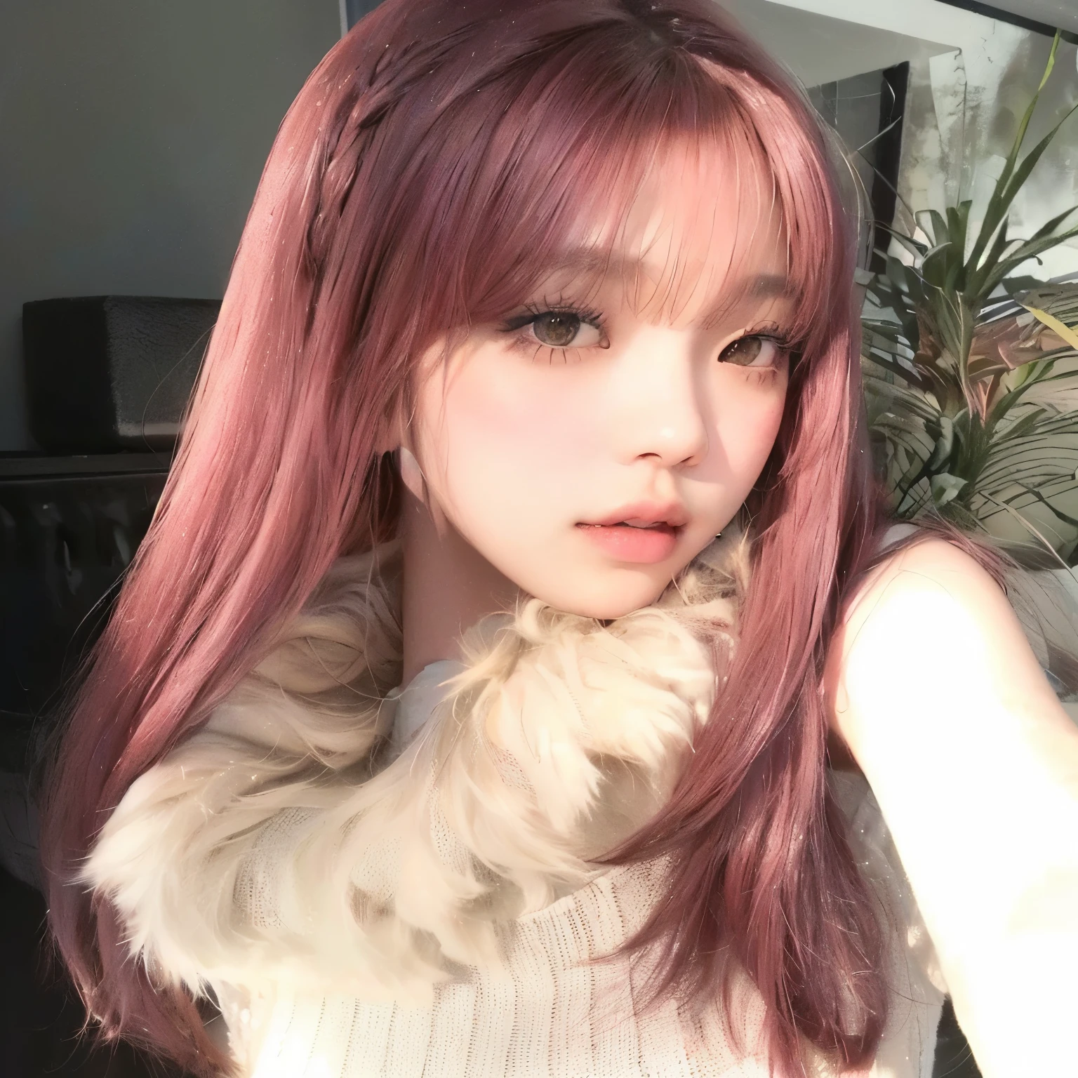a close up of a woman with long hair wearing a fur collar, lalisa manoban of blackpink, belle delphine, roseanne park of blackpink, lalisa manobal, ulzzang, jossi of blackpink, pink straight hair, with full bangs, sun yunjoo, long hair with full bangs, long hair with bangs, with bangs , blackpink jennie , blackpink Lisa , asian famale face , Korean face , cute girl